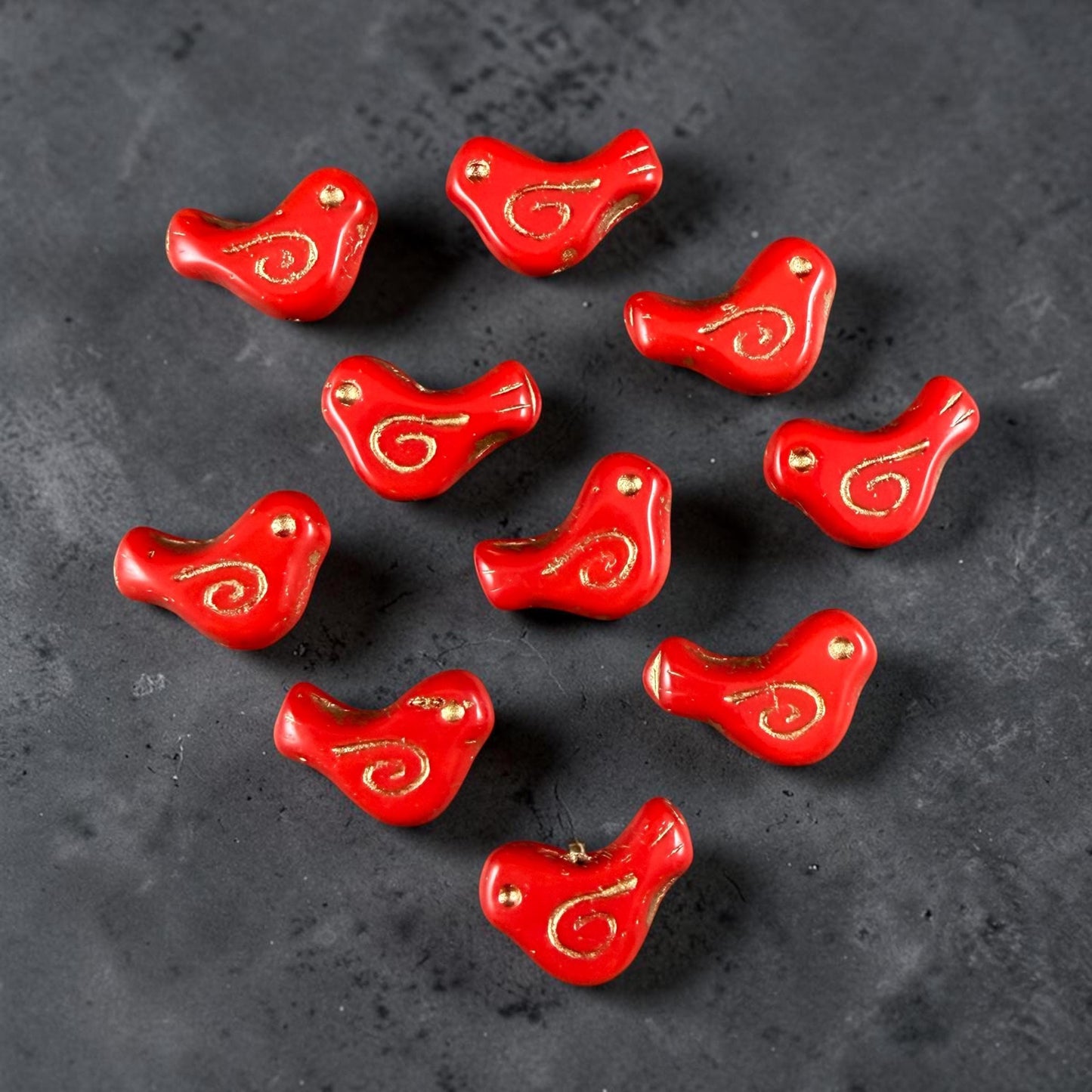 Czech Beads - Glass Bird Bead, 12x16mm, Red and Gold (93500/54202) * 10 Beads
