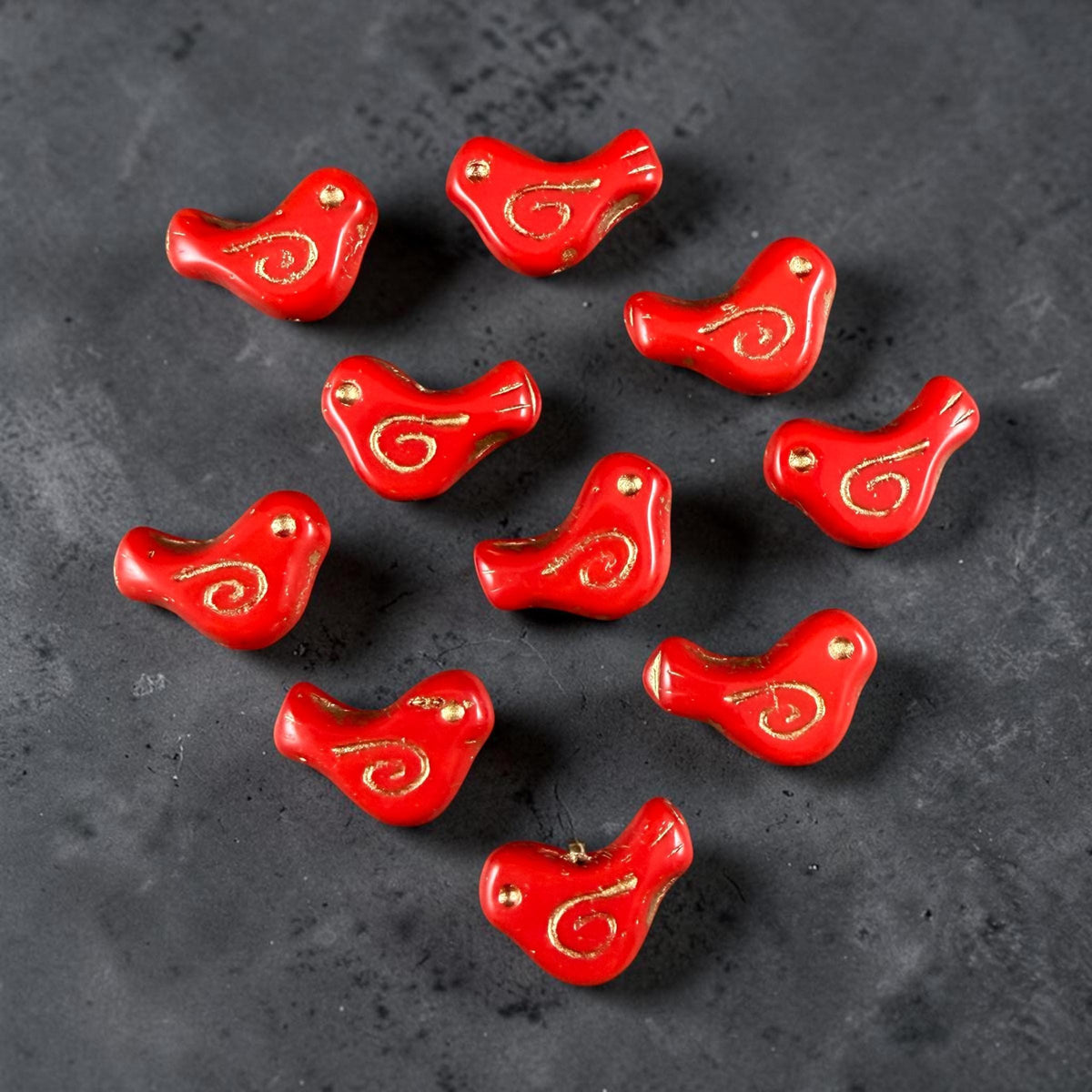 Czech Beads - Glass Bird Bead, 12x16mm, Red and Gold (93500/54202) * 10 Beads