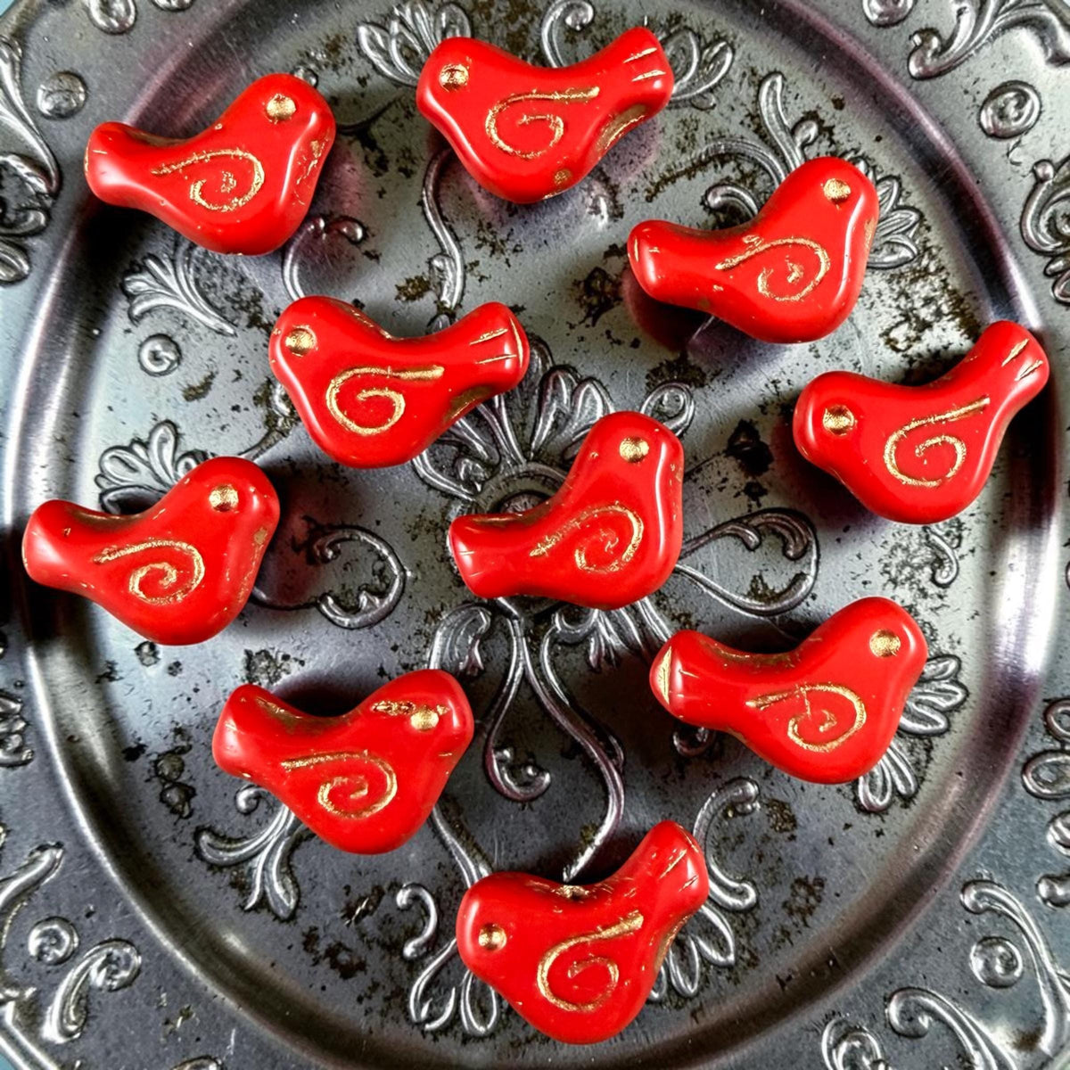Czech Beads - Glass Bird Bead, 12x16mm, Red and Gold (93500/54202) * 10 Beads