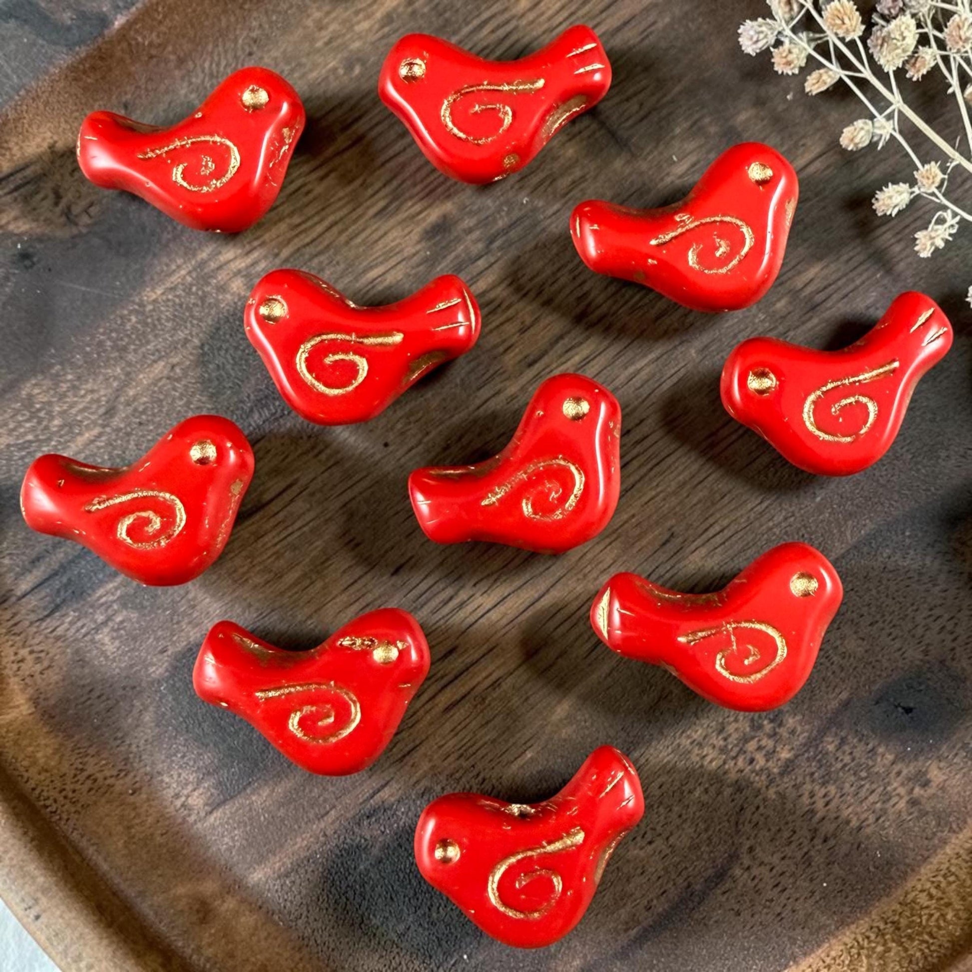 Czech Beads - Glass Bird Bead, 12x16mm, Red and Gold (93500/54202) * 10 Beads