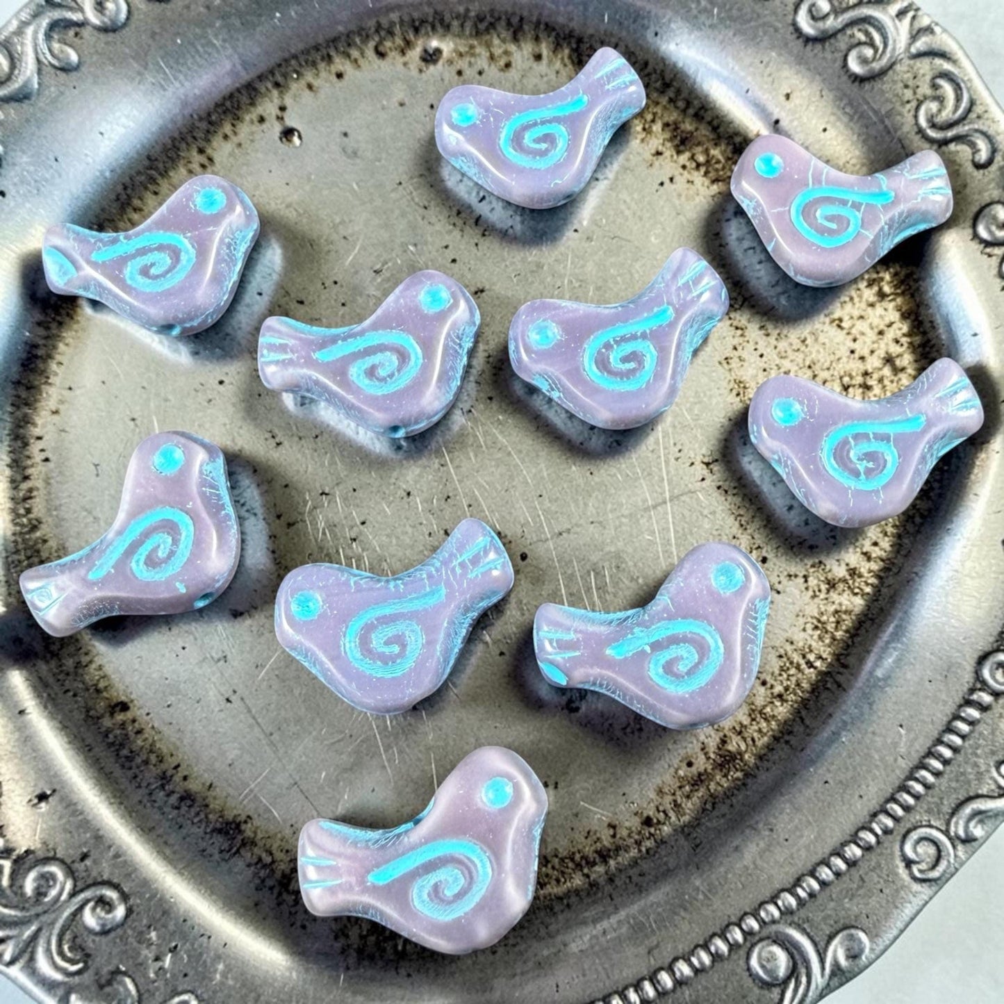 Czech Beads - Glass Bird Bead, 12x16mm, Light Purple and Blue (26016/54308) * 10 Beads