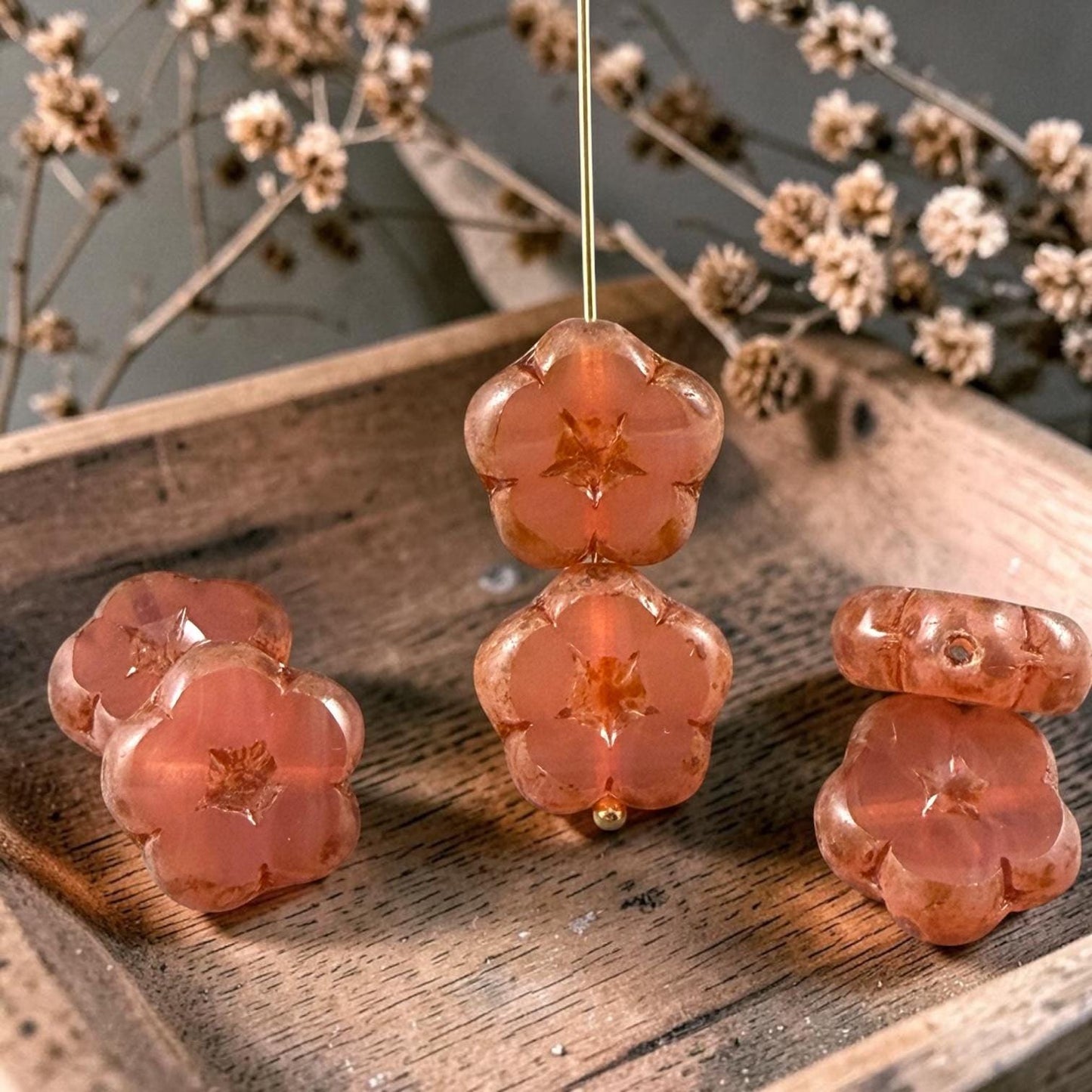 Czech Glass Beads - 14mm Table-Cut Flower, Pink Opaline with Picasso (14FL-71010-868) * Qty. 6