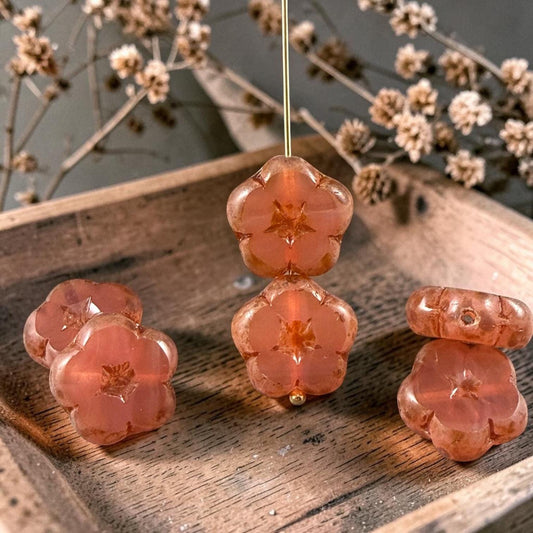 Czech Glass Beads - 14mm Table-Cut Flower, Pink Opaline with Picasso (14FL-71010-868) * Qty. 6