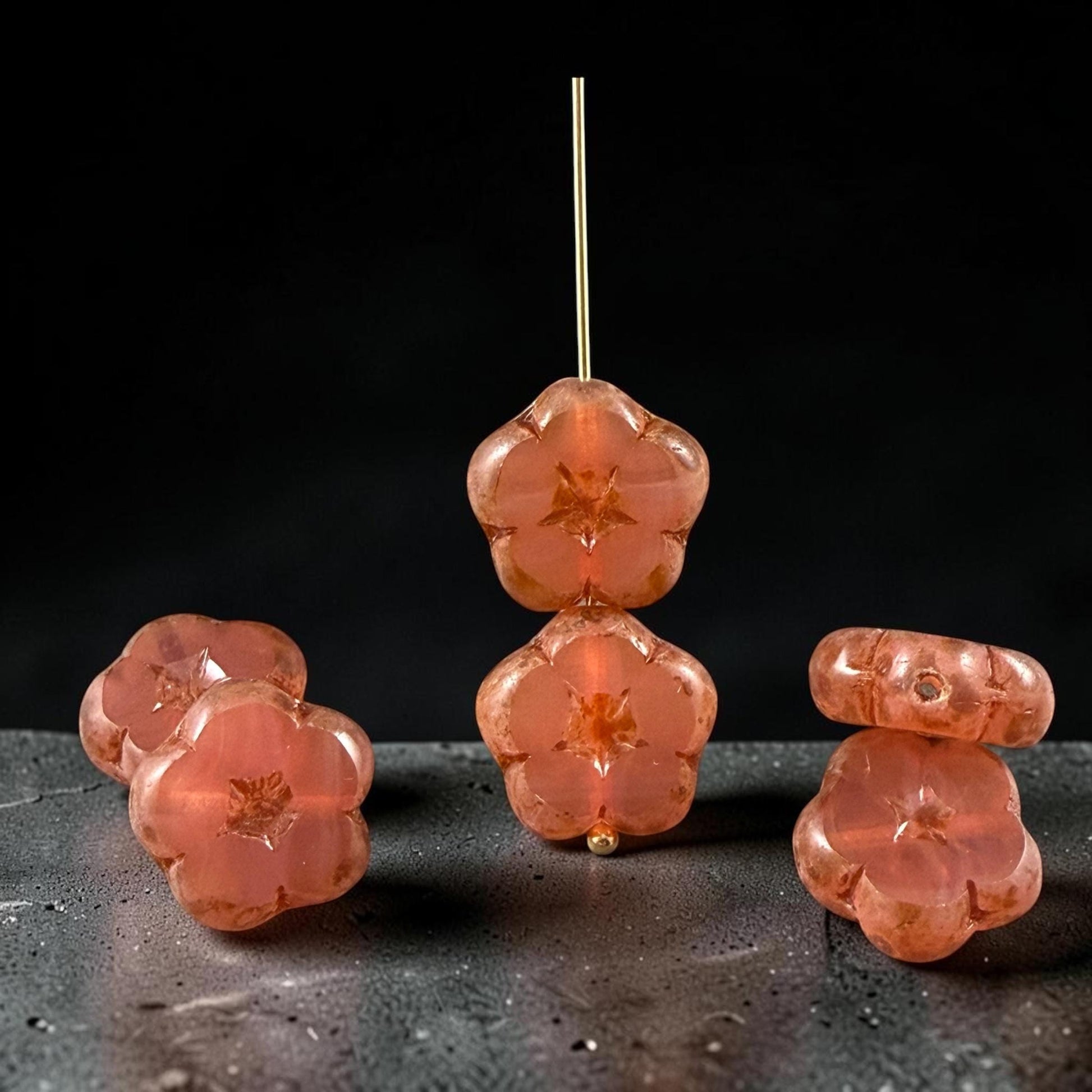 Czech Glass Beads - 14mm Table-Cut Flower, Pink Opaline with Picasso (14FL-71010-868) * Qty. 6