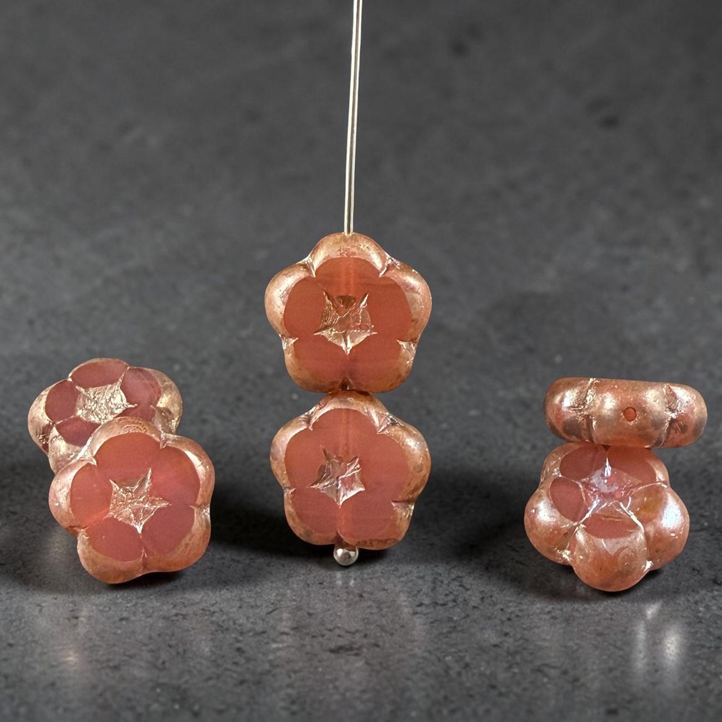Czech Glass Beads - 14mm Table-Cut Flower, Pink Opaline with Silvery Picasso (14FL-71010-434) * Qty. 6