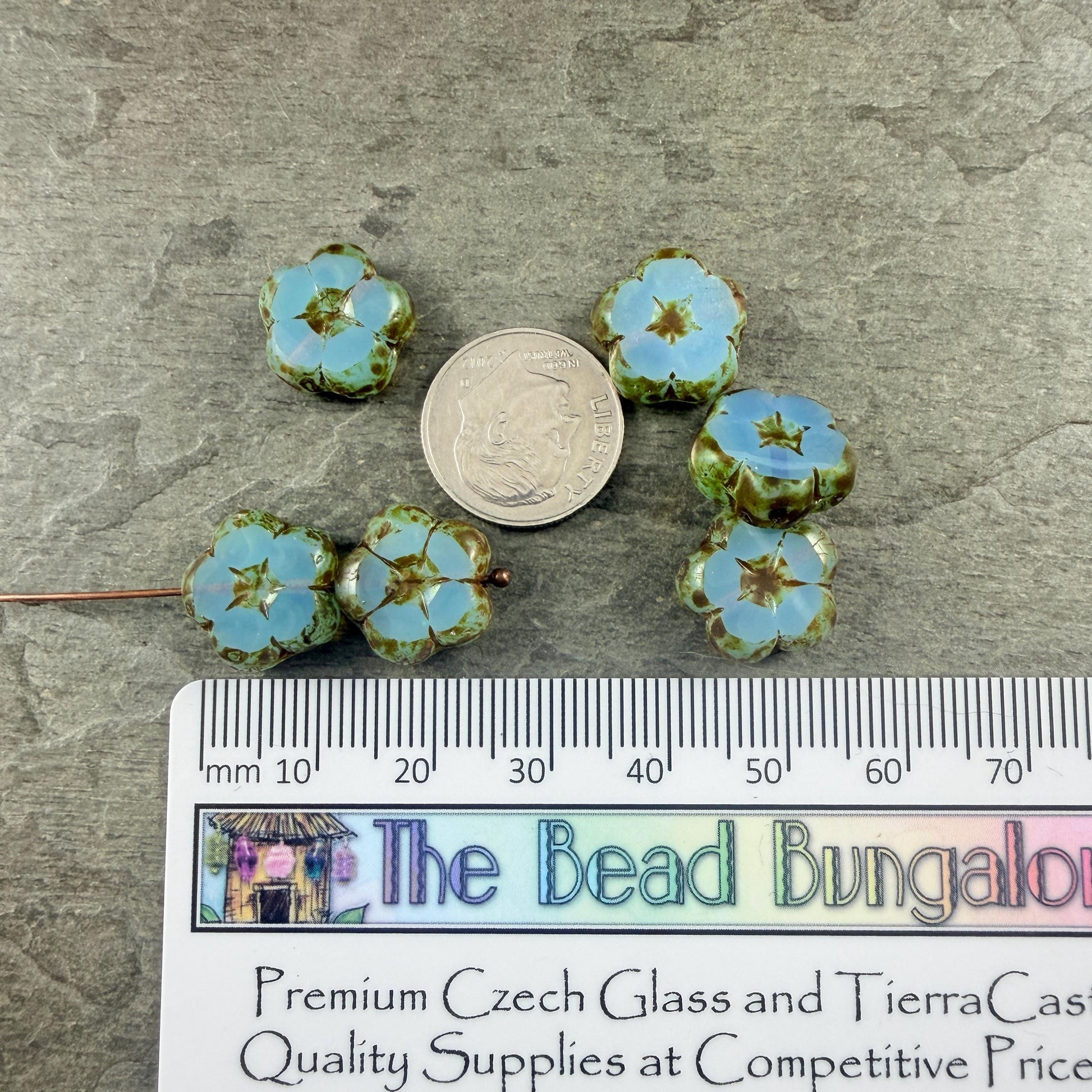 Czech Glass Beads - 14mm Table-Cut Flower, Blue Opaline with Picasso (14FL-61004-868) * Qty. 6