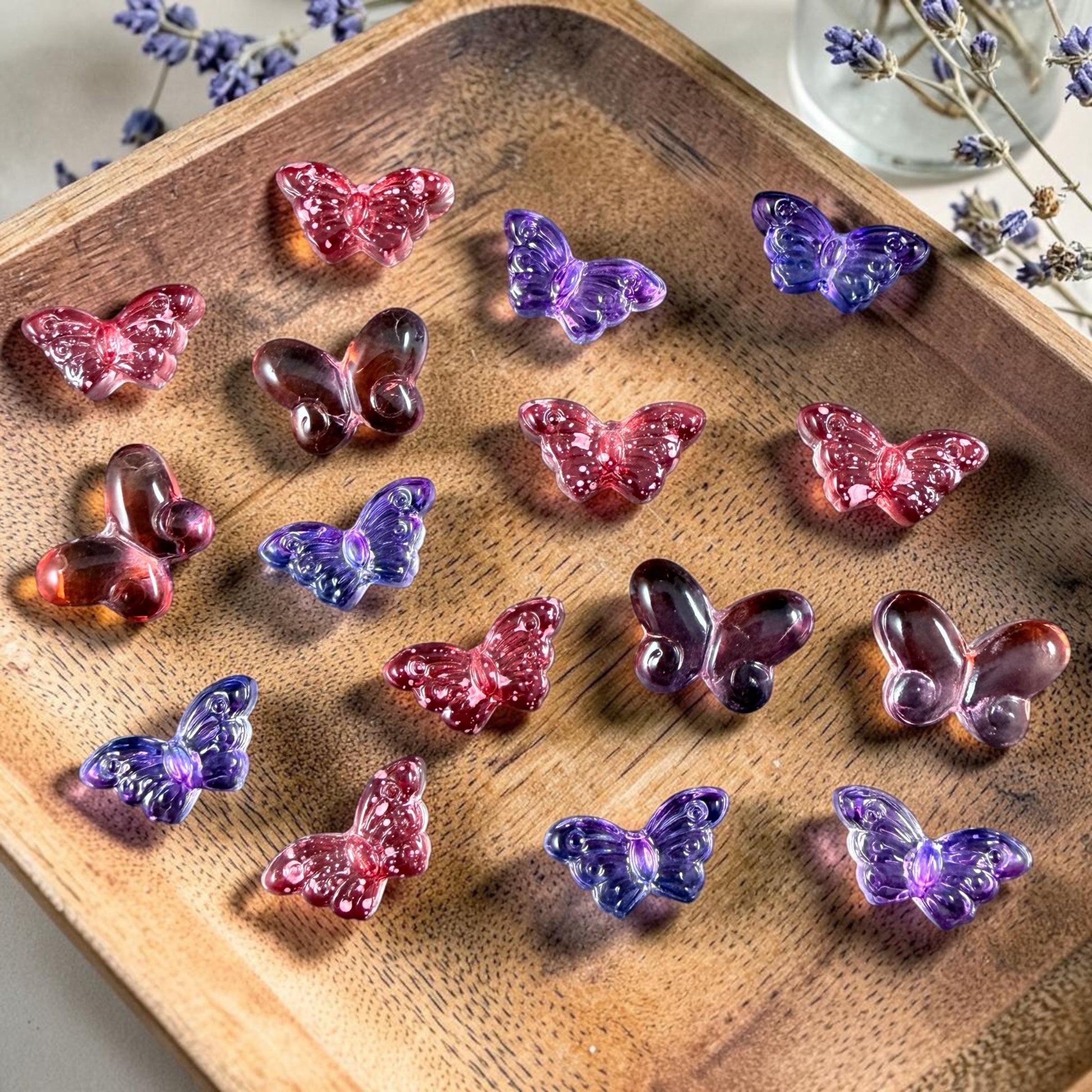 Glass Beads - Dark Purple and Orange Butterfly Mix * 16 Beads