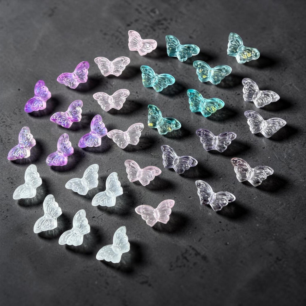 Glass Beads - Purple, White and Aqua Frilly Butterfly Mix * 30 Beads