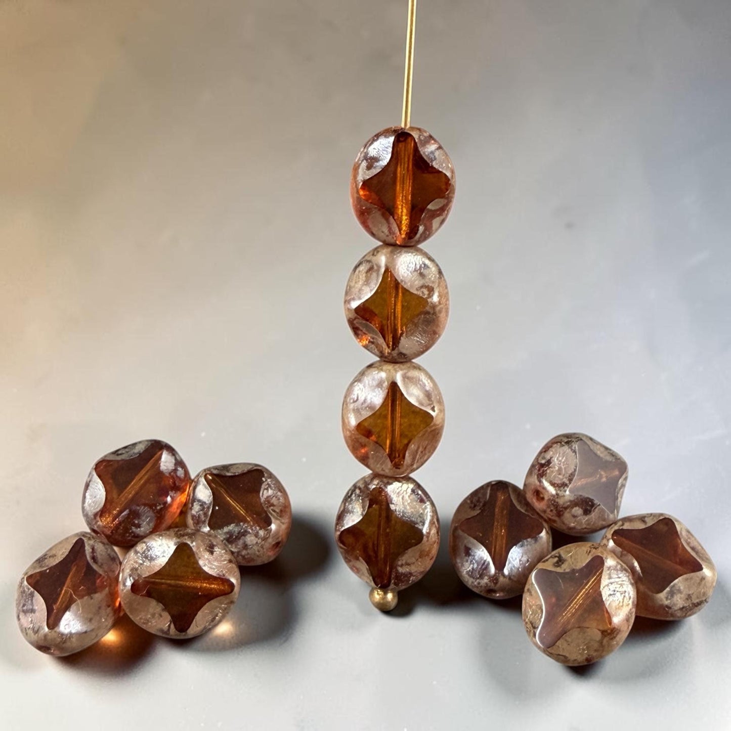 Czech Glass - 9x8mm Table-Cut Star, Light Topaz Picasso Beads (10060) * 12 Beads
