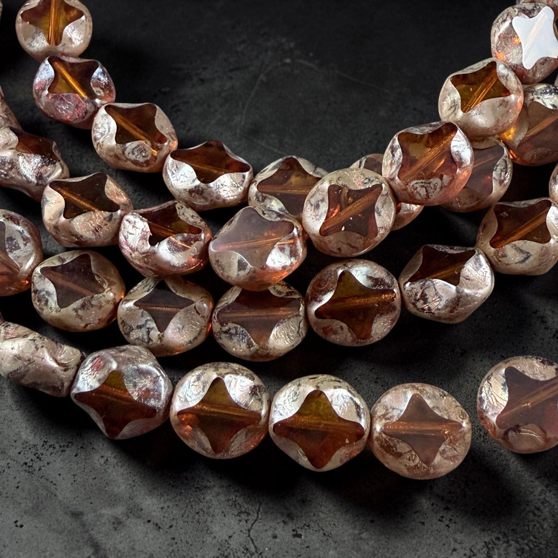 Czech Glass - 9x8mm Table-Cut Star, Light Topaz Picasso Beads (10060) * 12 Beads