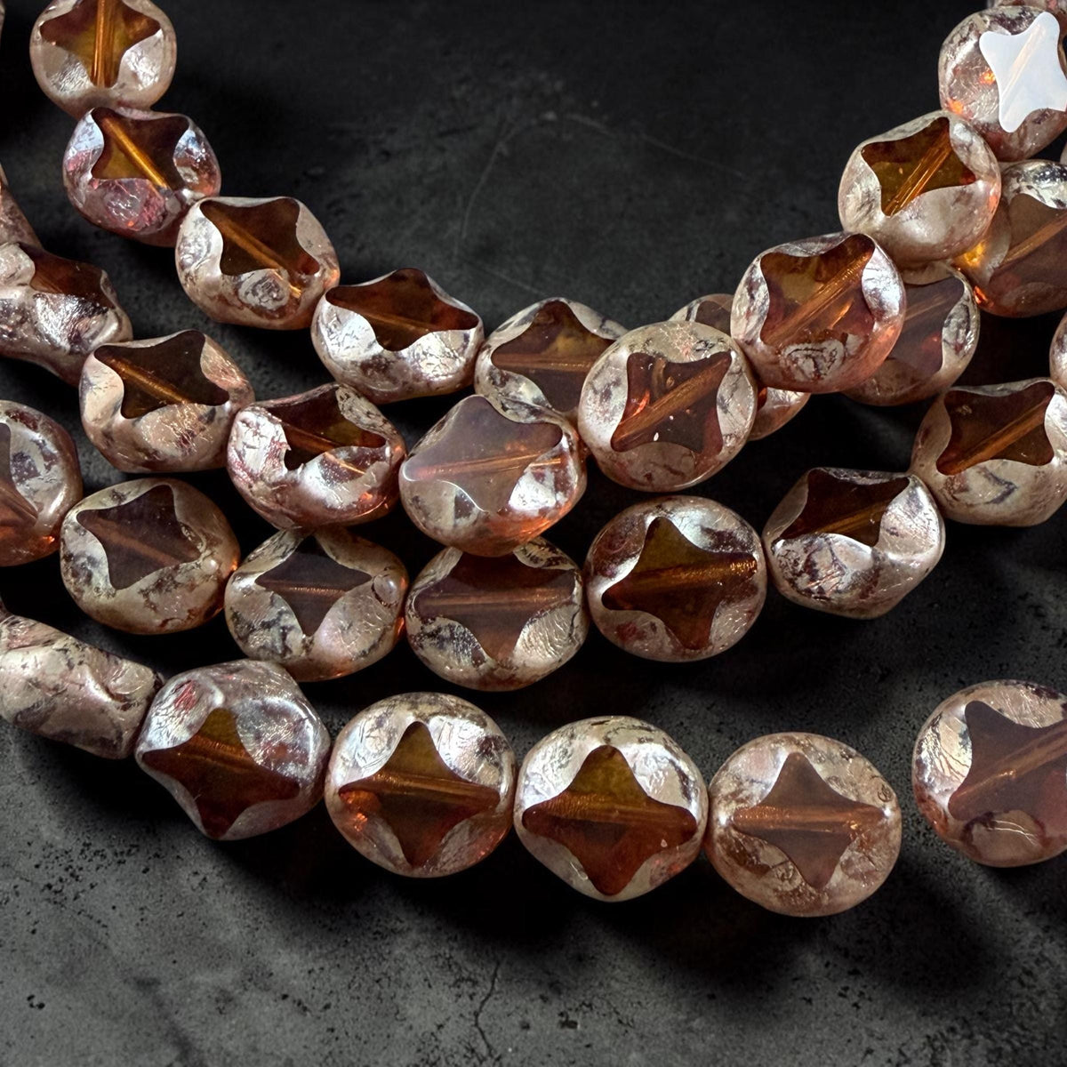 Czech Glass - 9x8mm Table-Cut Star, Light Topaz Picasso Beads (10060) * 12 Beads