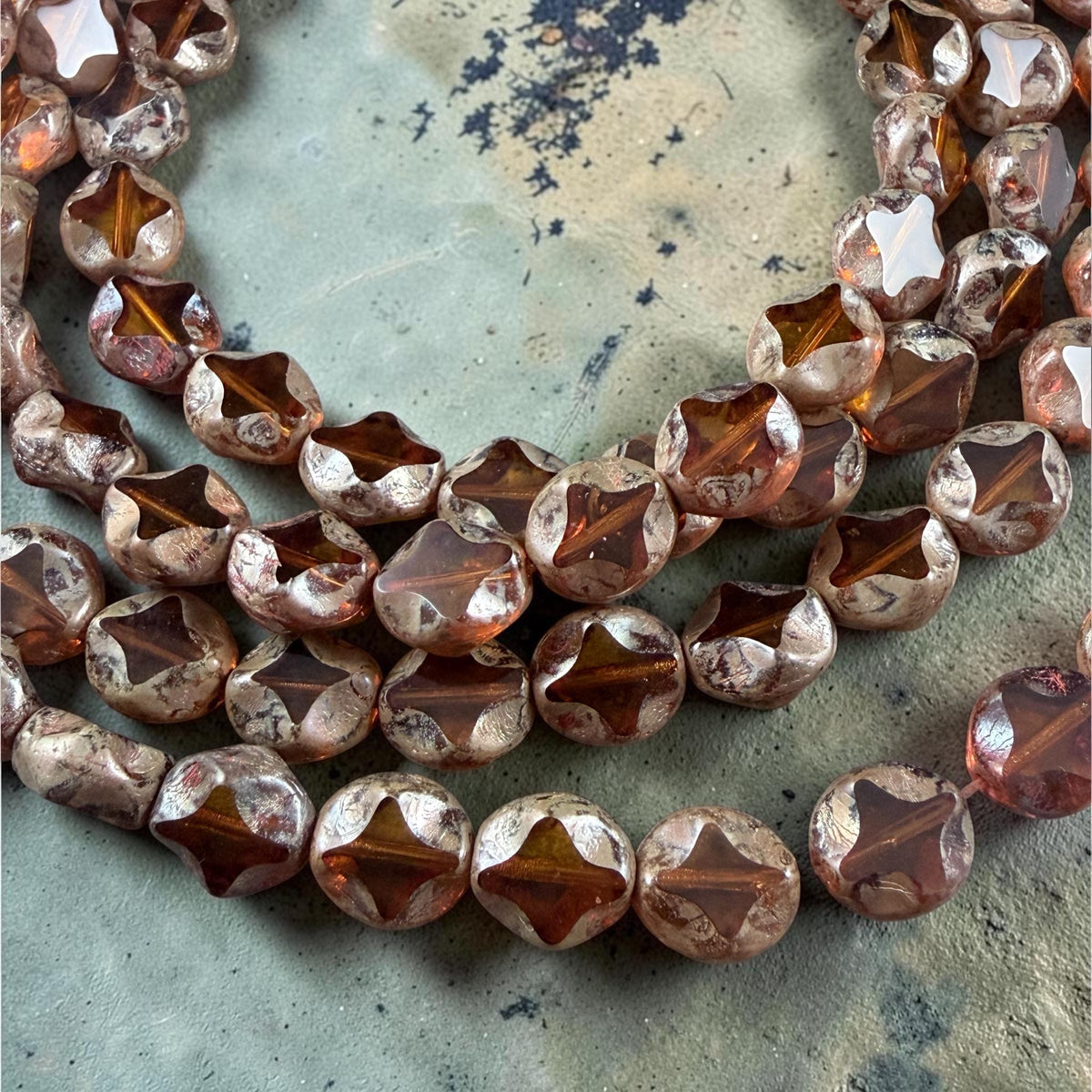 Czech Glass - 9x8mm Table-Cut Star, Light Topaz Picasso Beads (10060) * 12 Beads