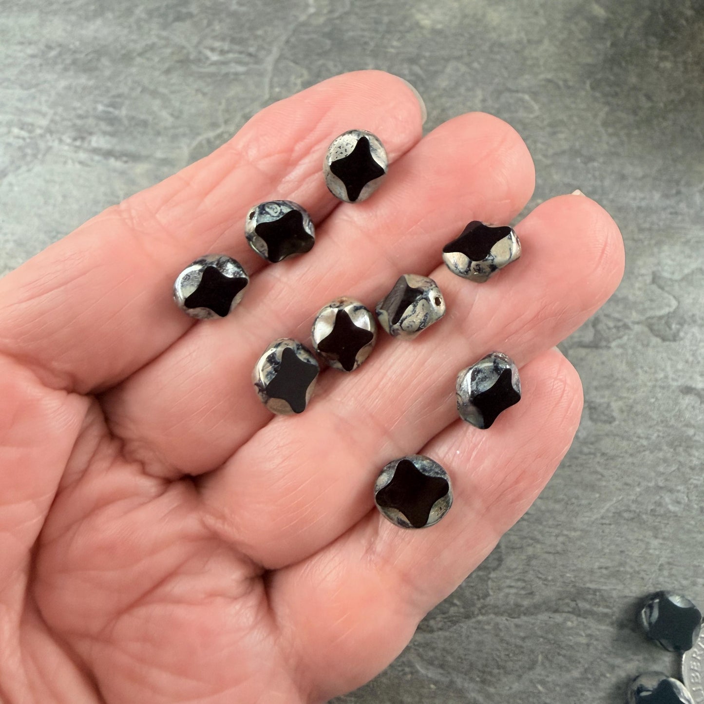 Czech Glass - 9x8mm Table-Cut Star, Black Picasso Beads (23980) * 12 Beads