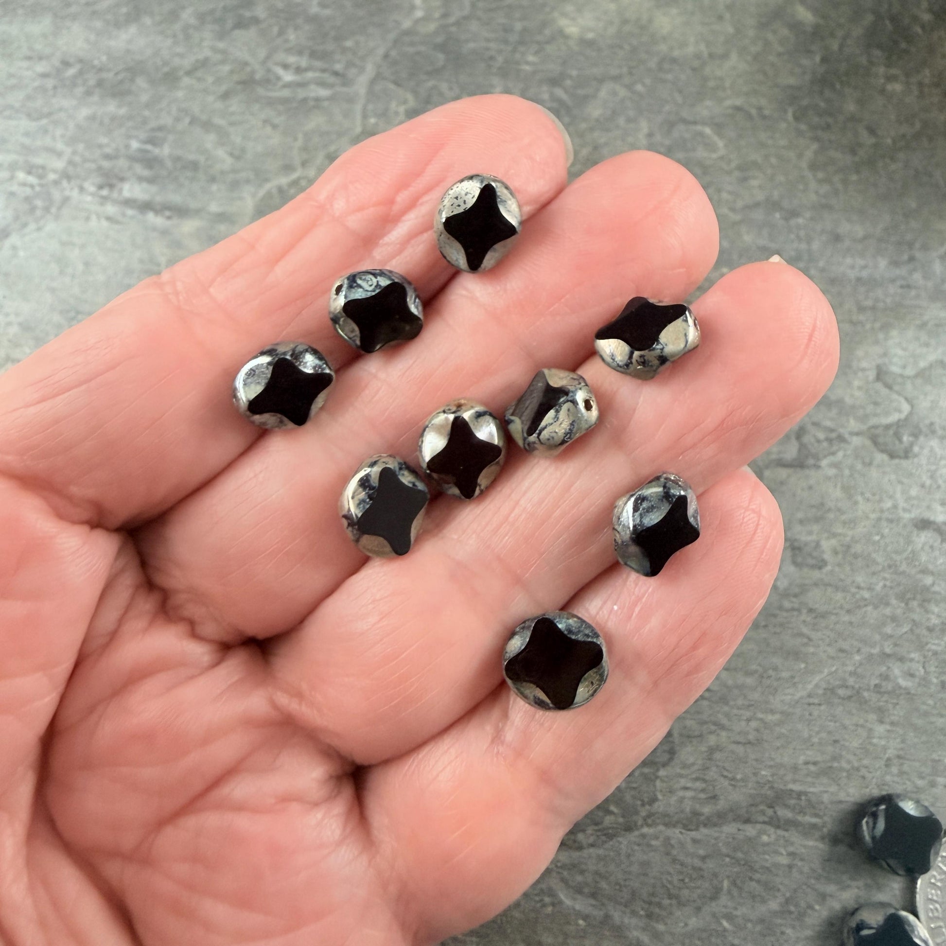 Czech Glass - 9x8mm Table-Cut Star, Black Picasso Beads (23980) * 12 Beads