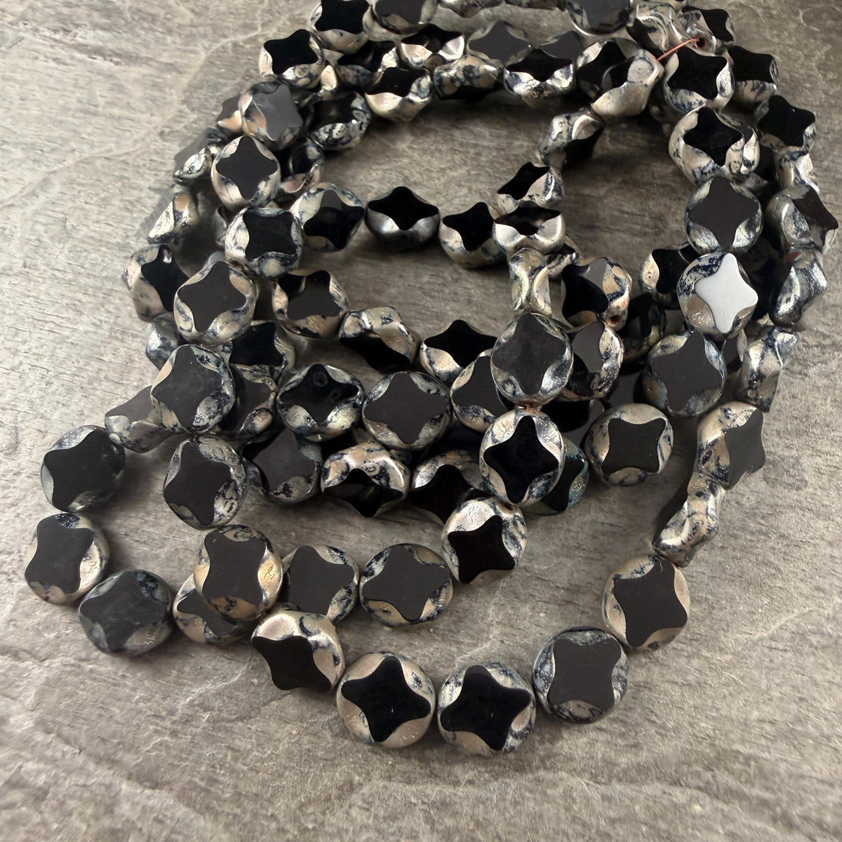 Czech Glass - 9x8mm Table-Cut Star, Black Picasso Beads (23980) * 12 Beads