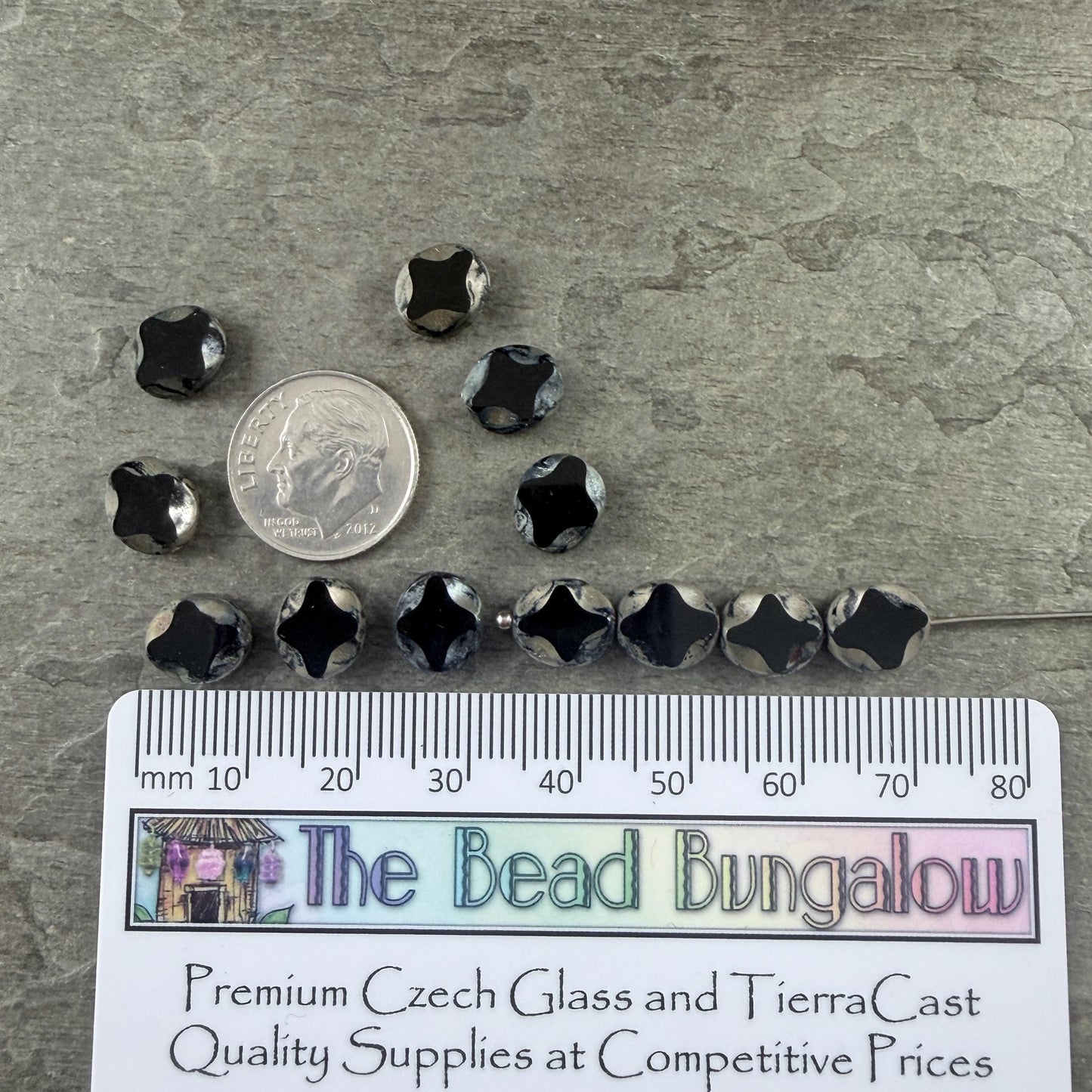 Czech Glass - 9x8mm Table-Cut Star, Black Picasso Beads (23980) * 12 Beads