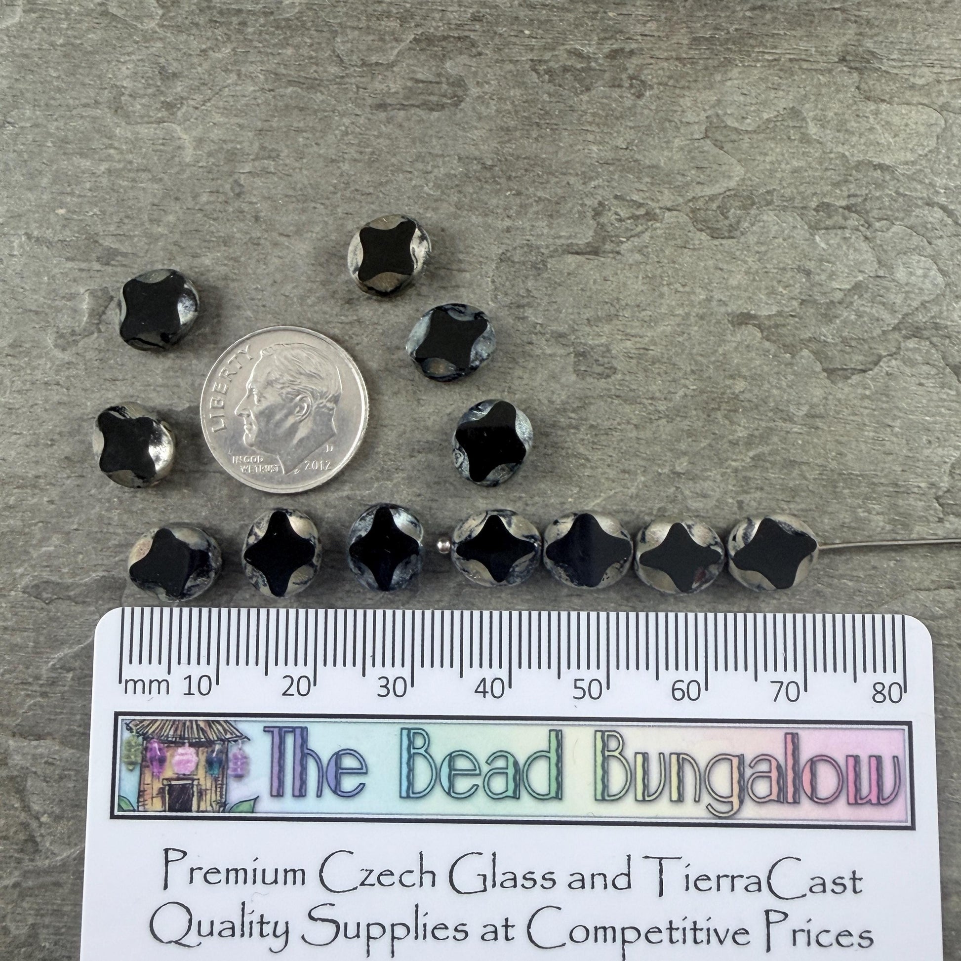 Czech Glass - 9x8mm Table-Cut Star, Black Picasso Beads (23980) * 12 Beads