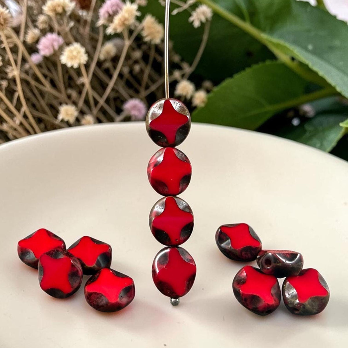 Czech Glass - 9x8mm Table-Cut Star, Opaque Red Picasso Beads (93200) * 12 Beads