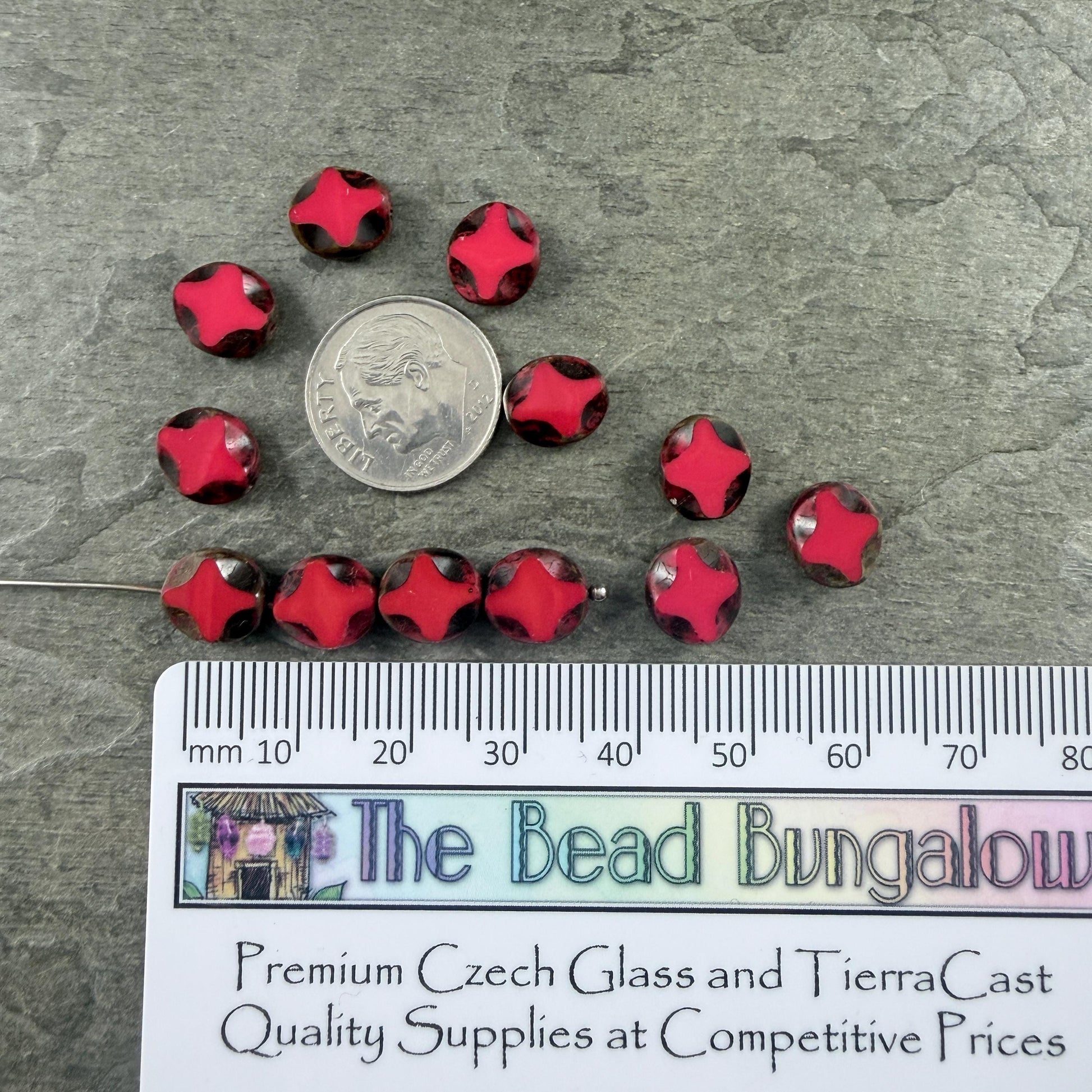 Czech Glass - 9x8mm Table-Cut Star, Opaque Red Picasso Beads (93200) * 12 Beads