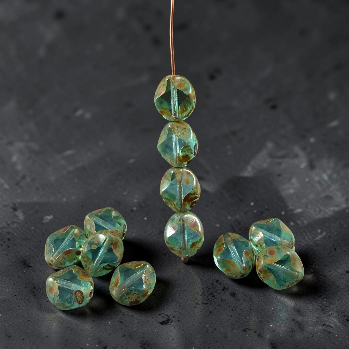Czech Glass - 9x8mm Table-Cut Star, Transparent Aqua Picasso Beads (60010) * 12 Beads