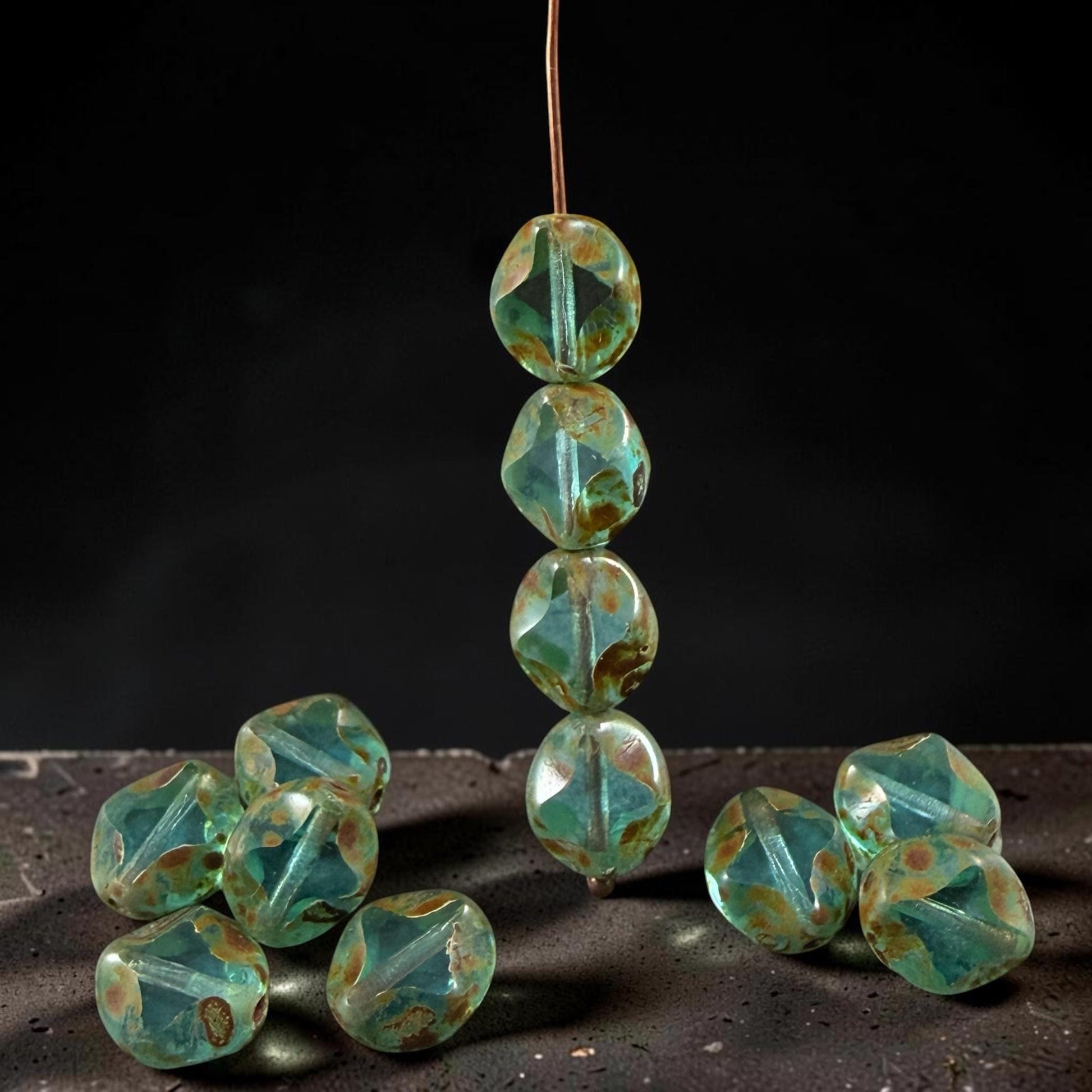 Czech Glass - 9x8mm Table-Cut Star, Transparent Aqua Picasso Beads (60010) * 12 Beads