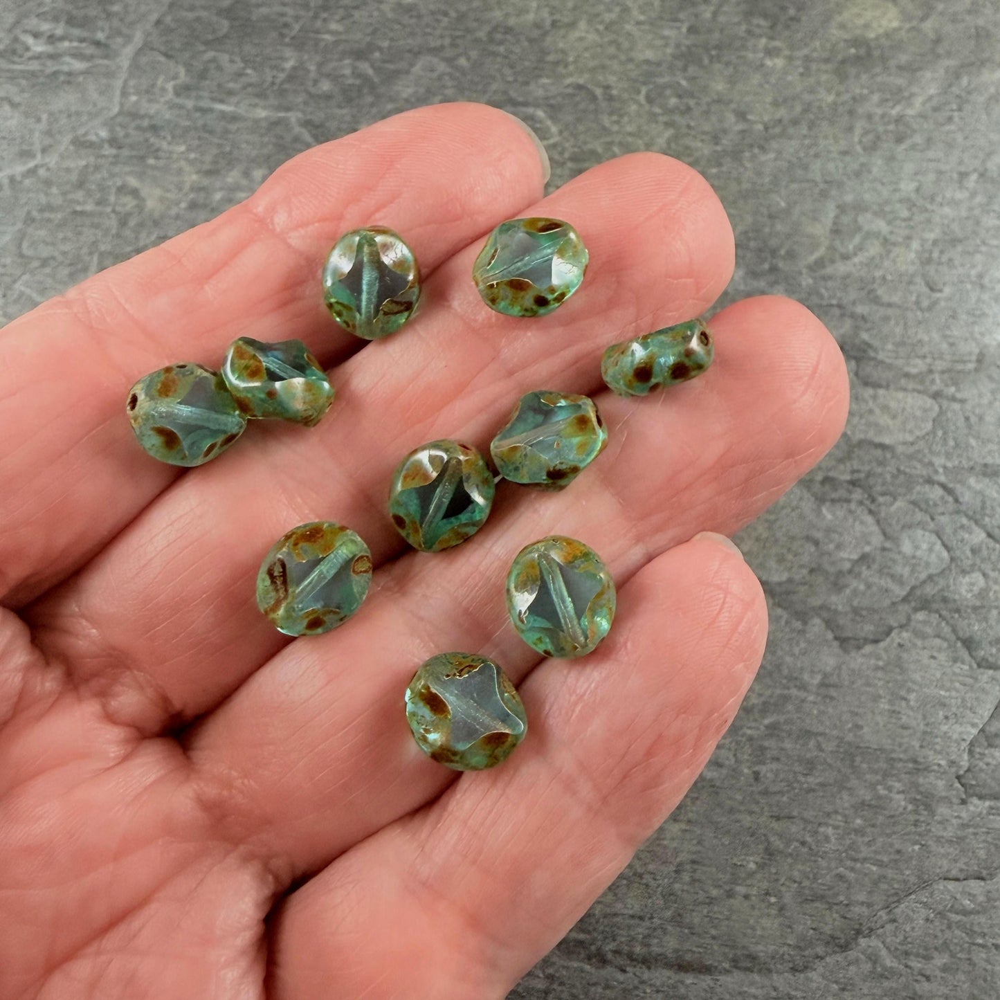 Czech Glass - 9x8mm Table-Cut Star, Transparent Aqua Picasso Beads (60010) * 12 Beads