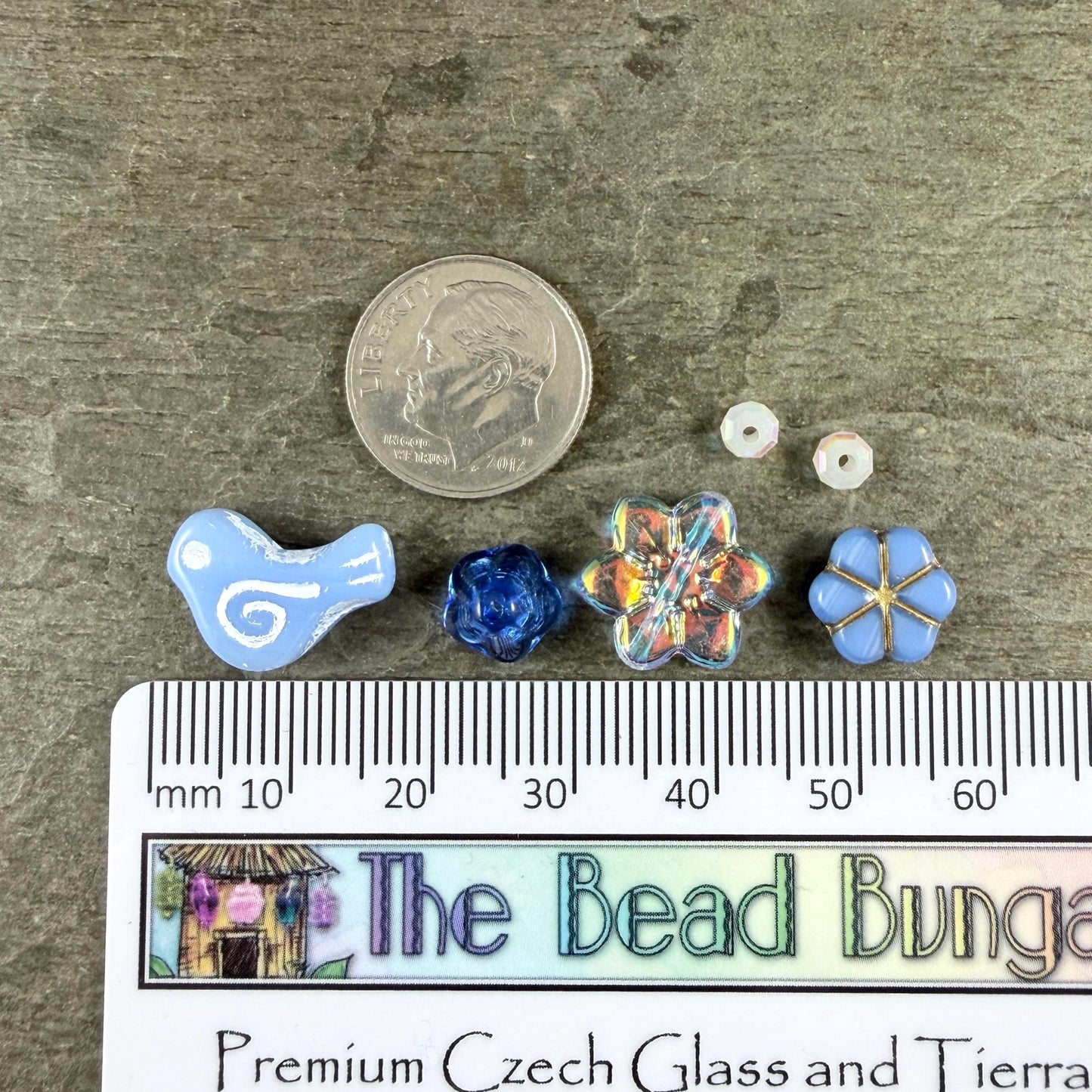 Czech Beads - Small Glass Bird with Coordinating Flowers Bead (Blue/White-BirdMix)