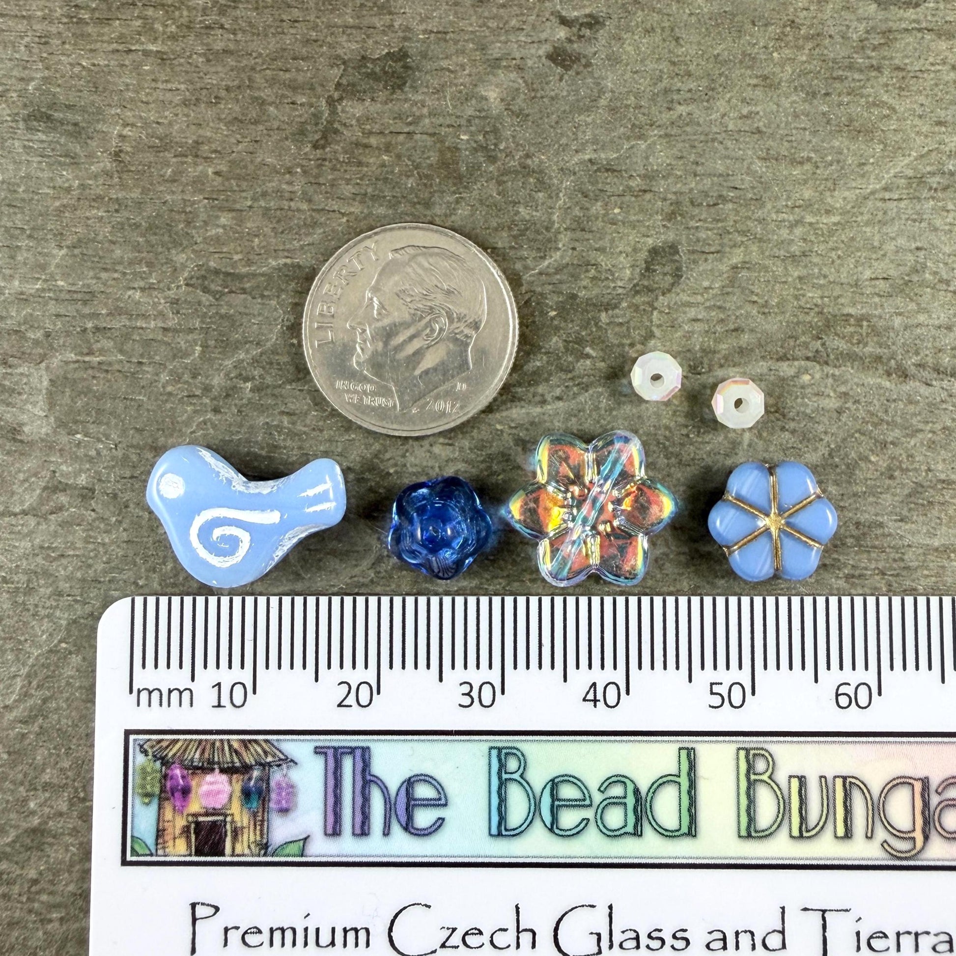Czech Beads - Small Glass Bird with Coordinating Flowers Bead (Blue/White-BirdMix)