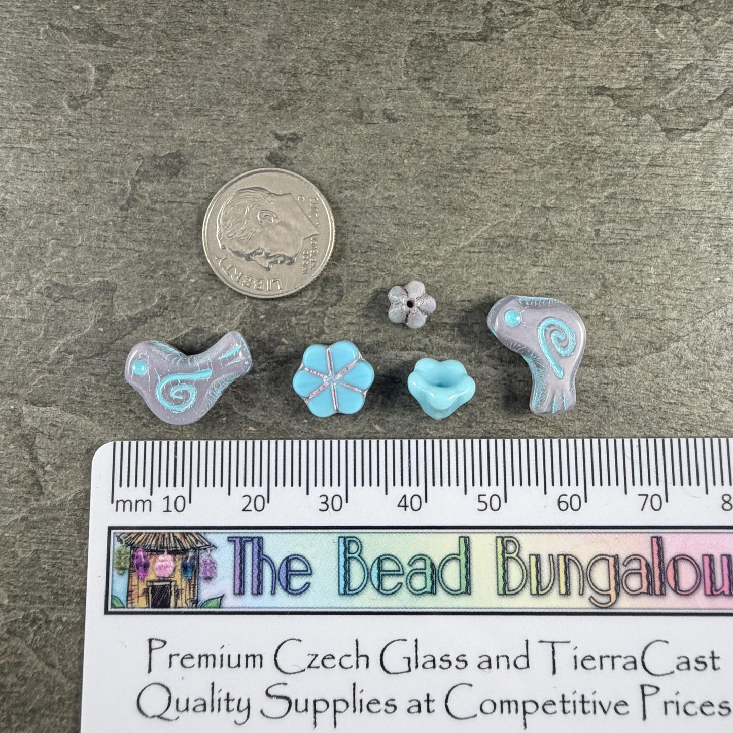 Czech Beads - Small Glass Bird with Coordinating Flowers Bead (Purple/Blue-BirdMix)