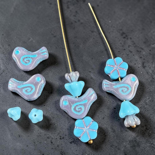 Czech Beads - Small Glass Bird with Coordinating Flowers Bead (Purple/Blue-BirdMix)
