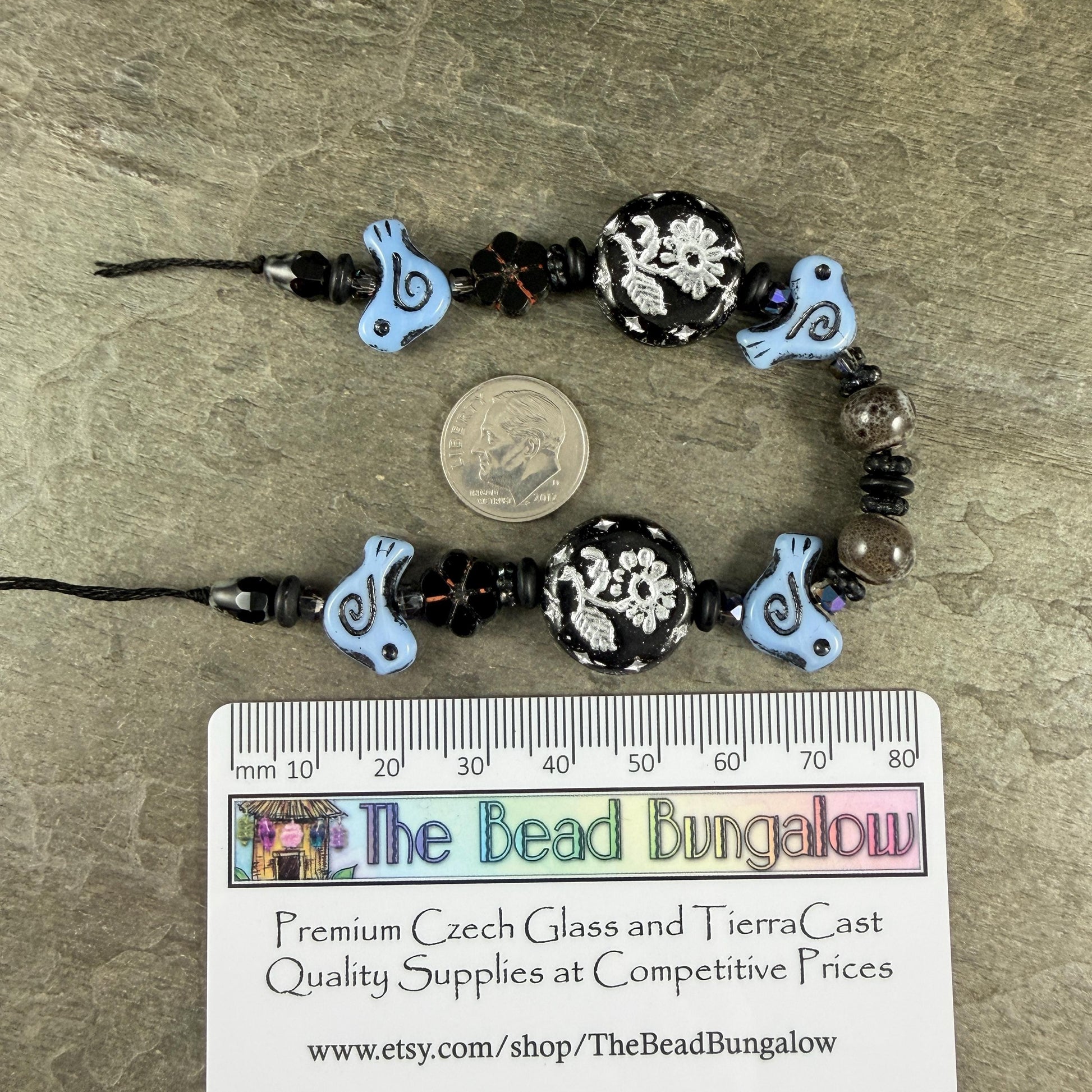 Czech Beads - Small Glass Bird with Coordinating Flowers Bead (Blue/Black-BirdMix)