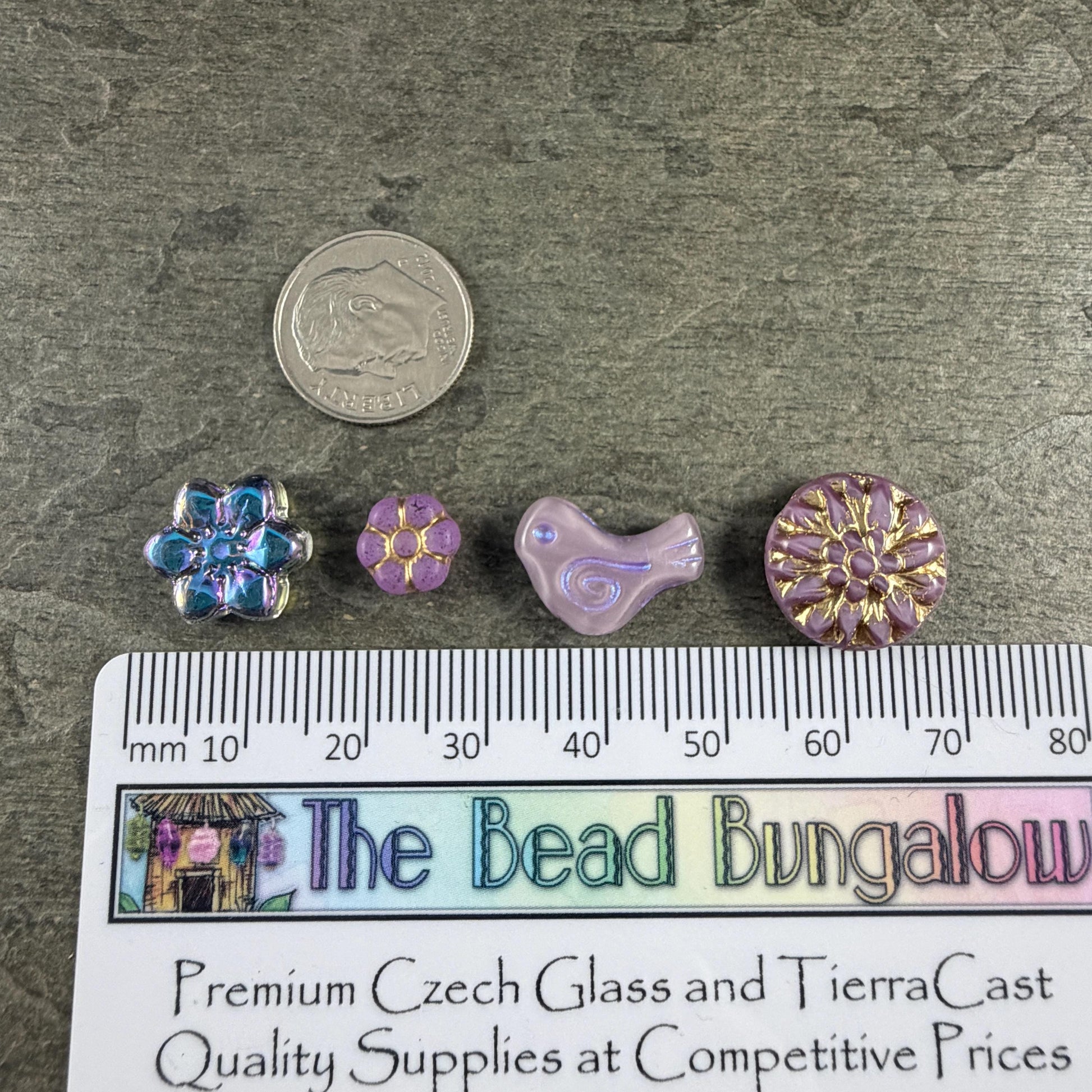 Czech Beads - Small Glass Bird with Coordinating Flowers Bead (Lavender/Lilac-BirdMix)