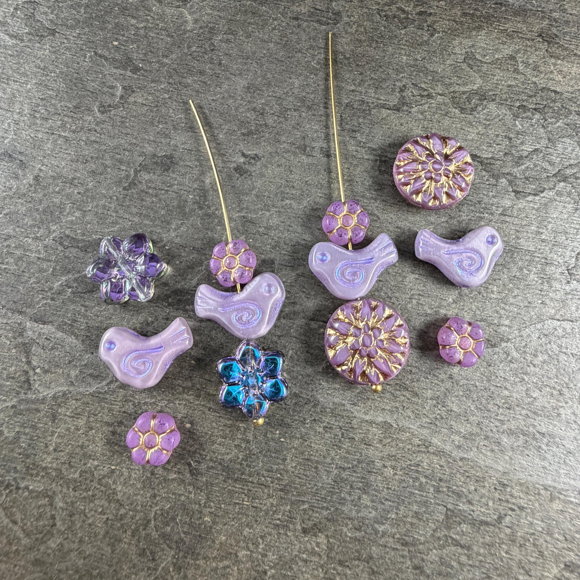 Czech Beads - Small Glass Bird with Coordinating Flowers Bead (Lavender/Lilac-BirdMix)