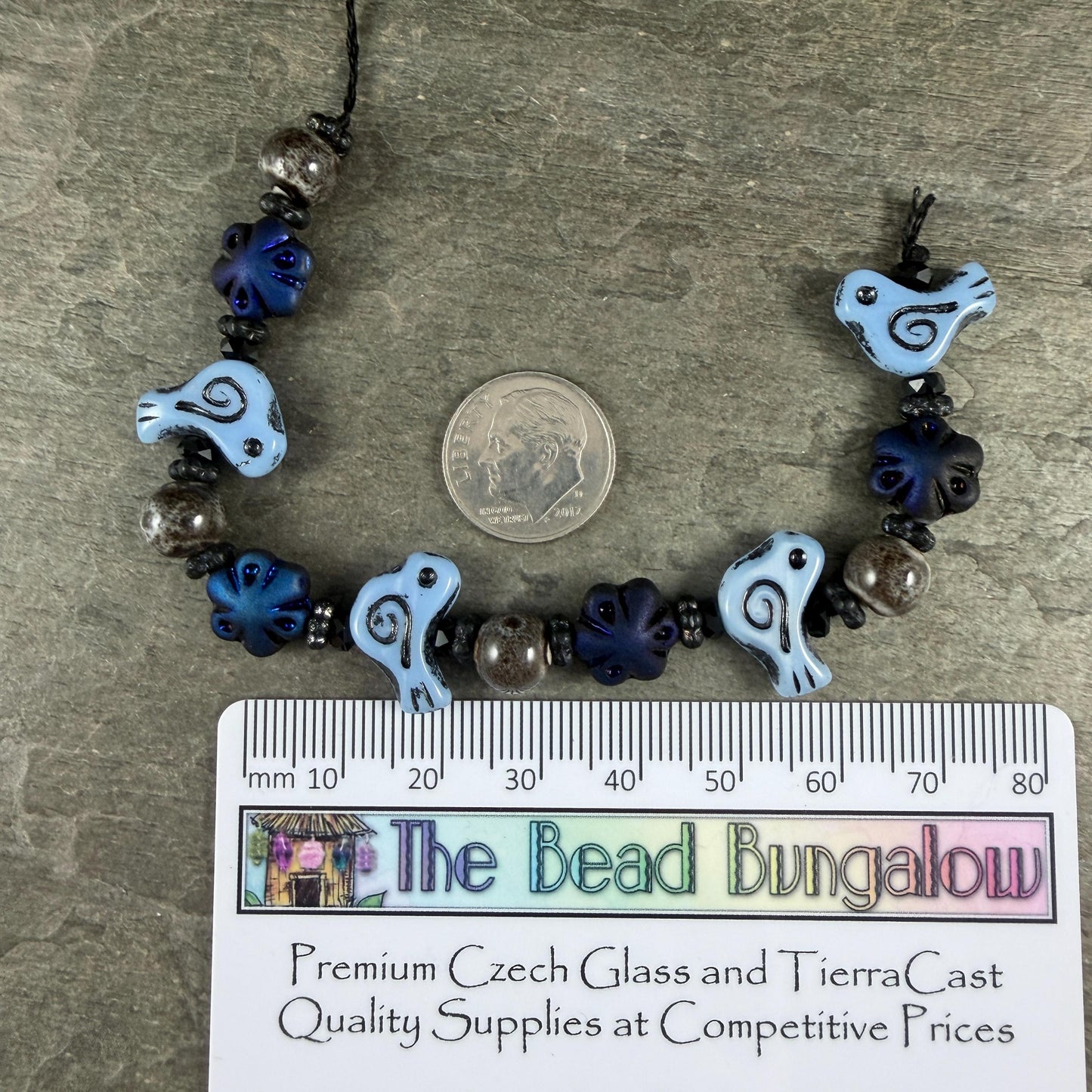 Czech Beads - Small Glass Bird with Coordinating Flowers Bead (Blue/Black-BirdMix)