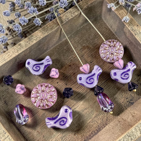Czech Beads - Small Glass Bird with Coordinating Flowers Bead (PurplePassion-BirdMix)