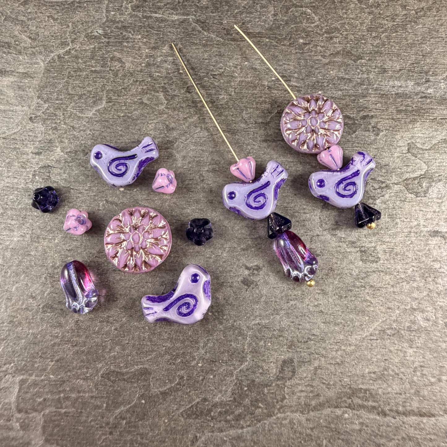 Czech Beads - Small Glass Bird with Coordinating Flowers Bead (PurplePassion-BirdMix)