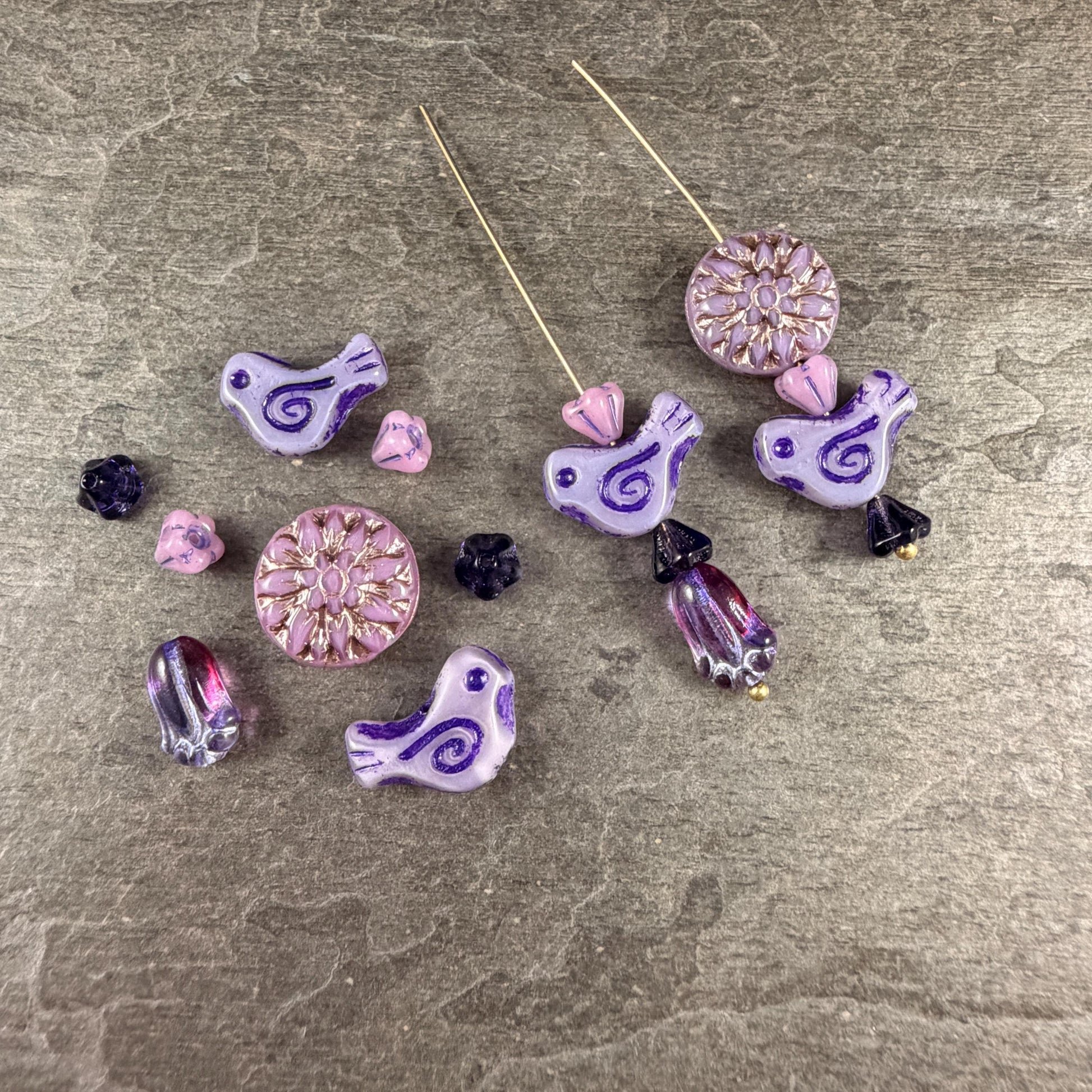 Czech Beads - Small Glass Bird with Coordinating Flowers Bead (PurplePassion-BirdMix)