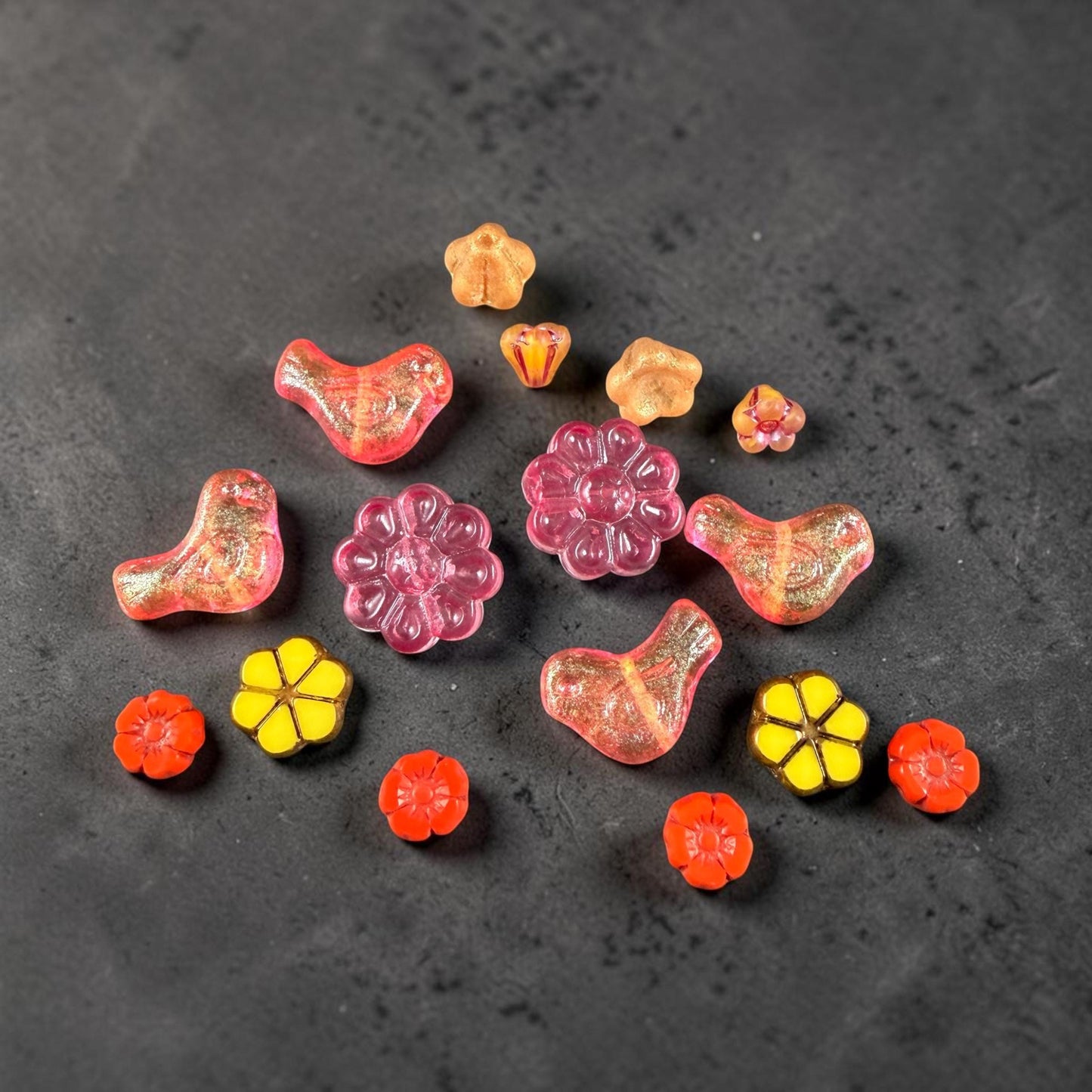 Czech Beads - Small Glass Bird with Coordinating Flowers Bead (Pink/Yellow/Orange-BirdMix)