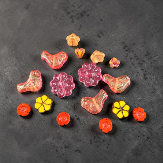 Czech Beads - Small Glass Bird with Coordinating Flowers Bead (Pink/Yellow/Orange-BirdMix)
