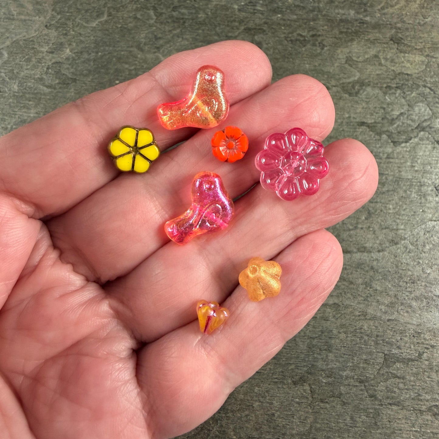Czech Beads - Small Glass Bird with Coordinating Flowers Bead (Pink/Yellow/Orange-BirdMix)
