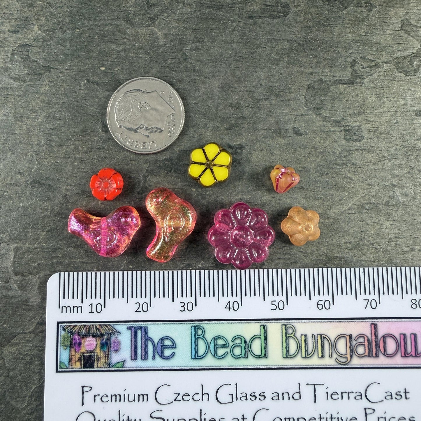 Czech Beads - Small Glass Bird with Coordinating Flowers Bead (Pink/Yellow/Orange-BirdMix)
