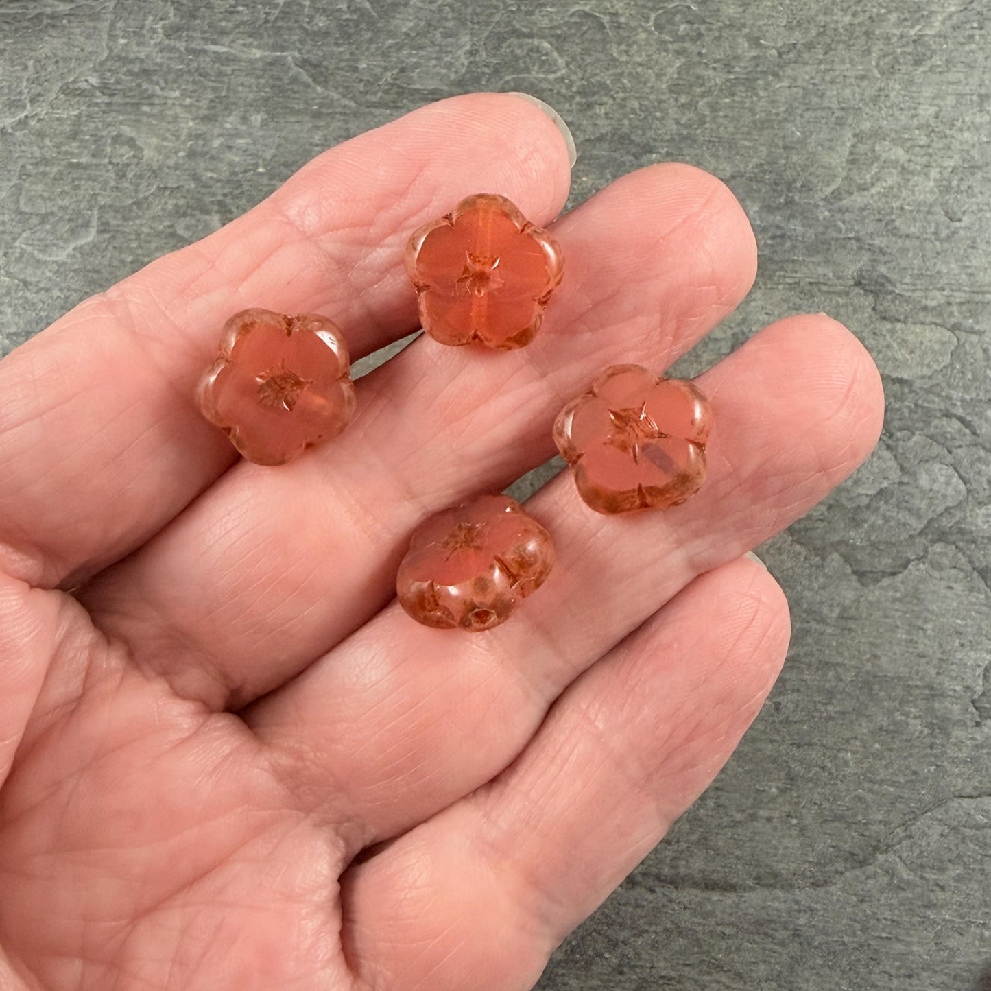 Czech Glass Beads - 14mm Table-Cut Flower, Pink Opaline with Picasso (14FL-71010-868) * Qty. 6