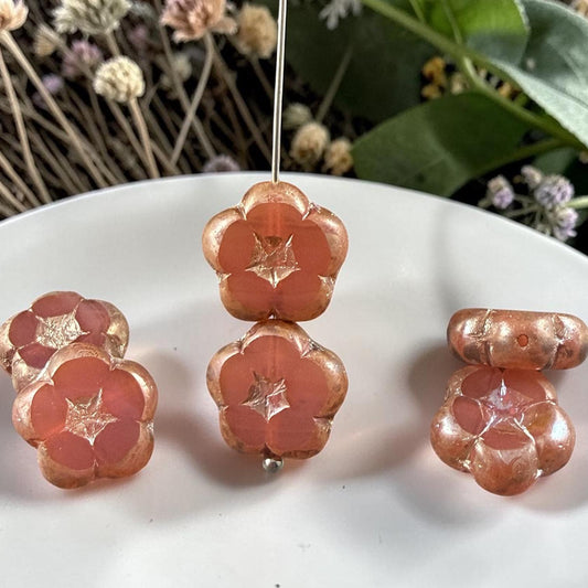 Czech Glass Beads - 14mm Table-Cut Flower, Pink Opaline with Silvery Picasso (14FL-71010-434) * Qty. 6