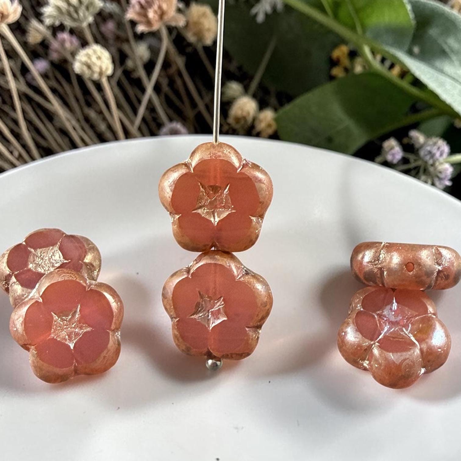 Czech Glass Beads - 14mm Table-Cut Flower, Pink Opaline with Silvery Picasso (14FL-71010-434) * Qty. 6