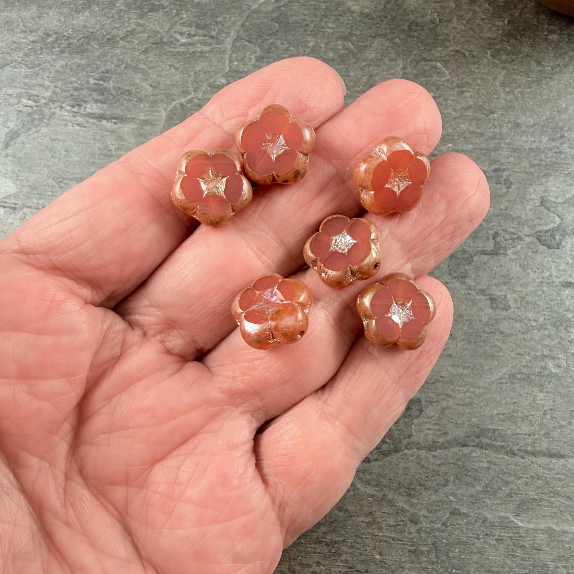 Czech Glass Beads - 14mm Table-Cut Flower, Pink Opaline with Silvery Picasso (14FL-71010-434) * Qty. 6