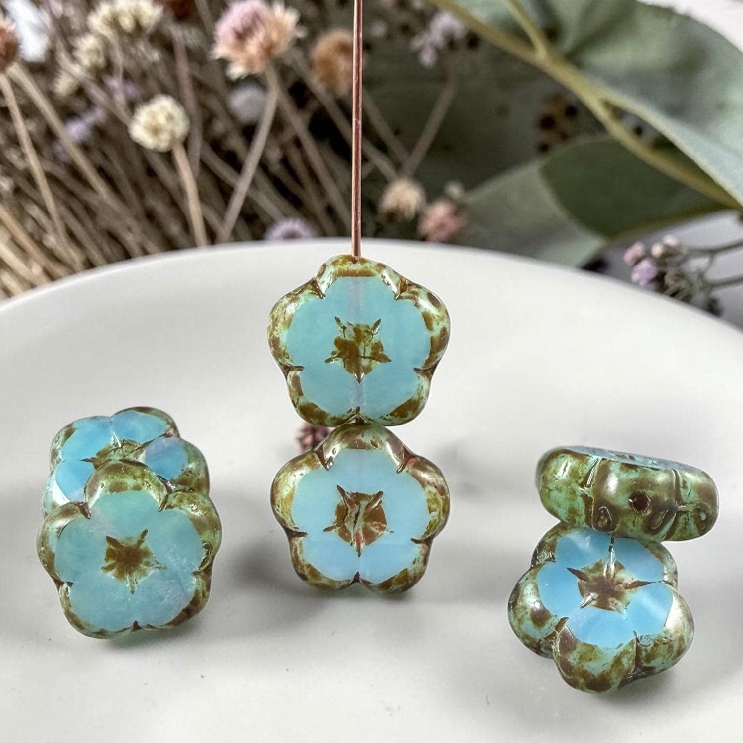 Czech Glass Beads - 14mm Table-Cut Flower, Blue Opaline with Picasso (14FL-61004-868) * Qty. 6