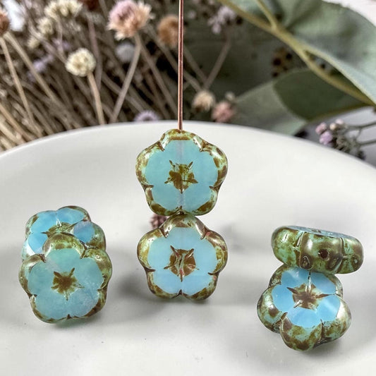 Czech Glass Beads - 14mm Table-Cut Flower, Blue Opaline with Picasso (14FL-61004-868) * Qty. 6
