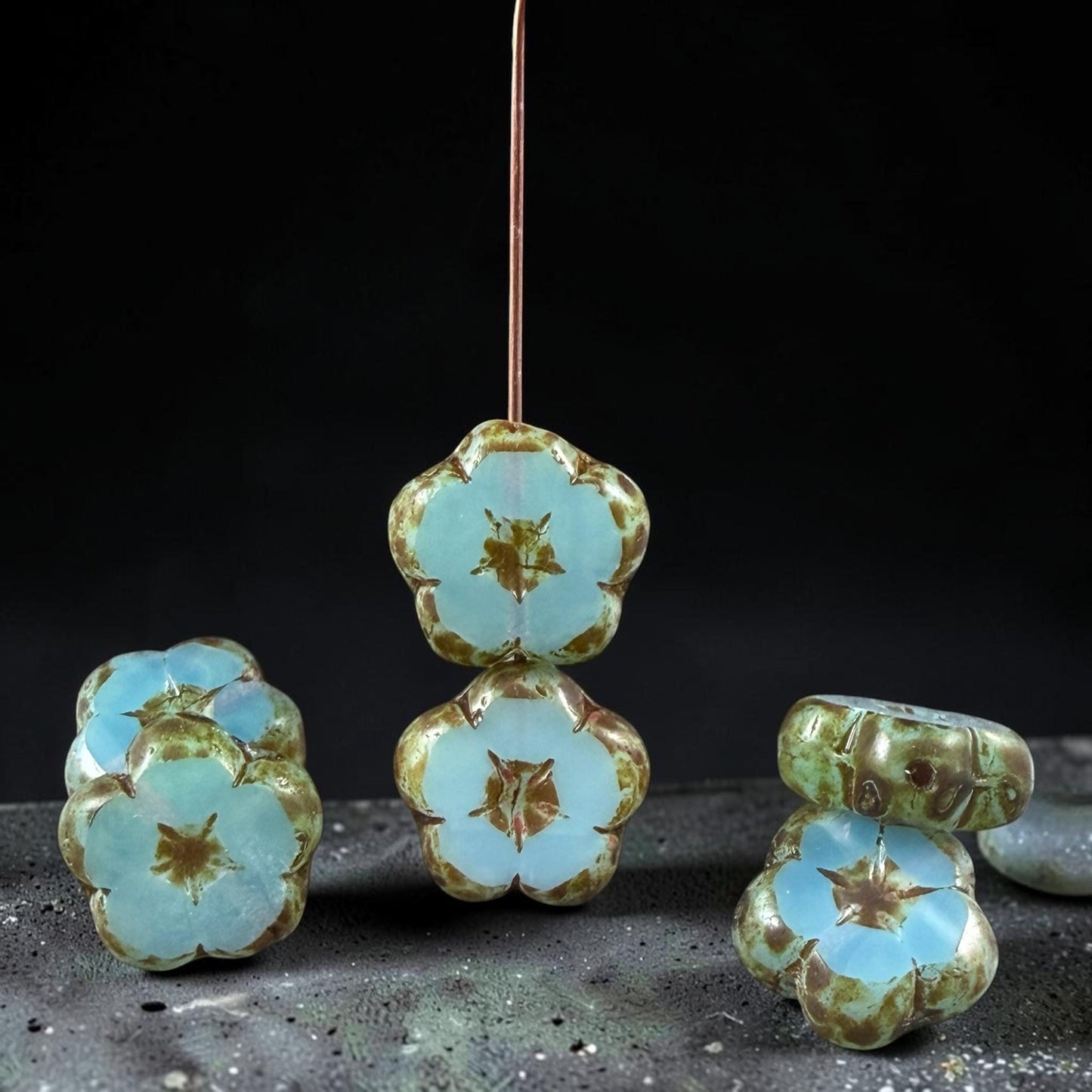 Czech Glass Beads - 14mm Table-Cut Flower, Blue Opaline with Picasso (14FL-61004-868) * Qty. 6