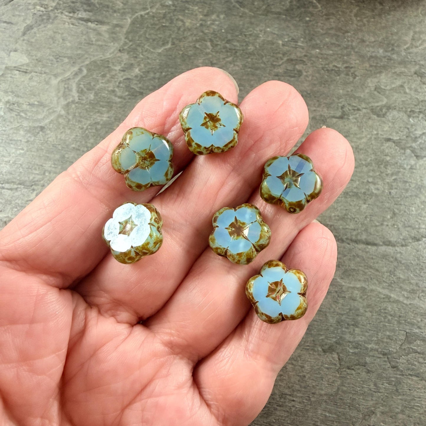 Czech Glass Beads - 14mm Table-Cut Flower, Blue Opaline with Picasso (14FL-61004-868) * Qty. 6