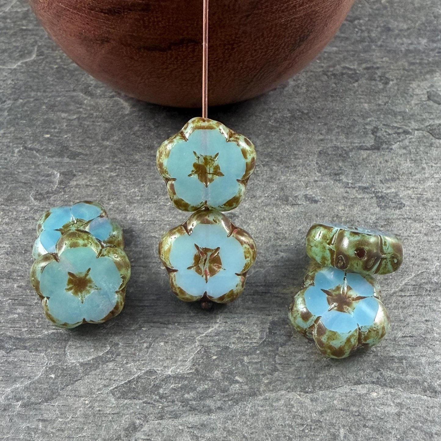 Czech Glass Beads - 14mm Table-Cut Flower, Blue Opaline with Picasso (14FL-61004-868) * Qty. 6